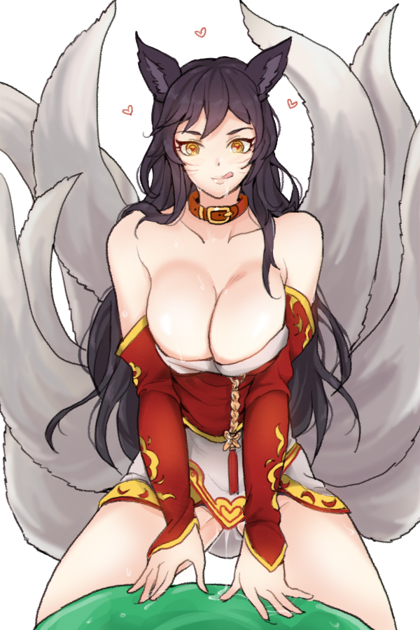 :p :q ahri bare_shoulders black_hair breasts cleavage collar detached_sleeves facial_mark female female fox_tail heart jorin large_breasts league_of_legends licking_lips long_hair looking_at_viewer multiple_tails pussy_juice solo strapless tail tongue tongue_out yellow_eyes