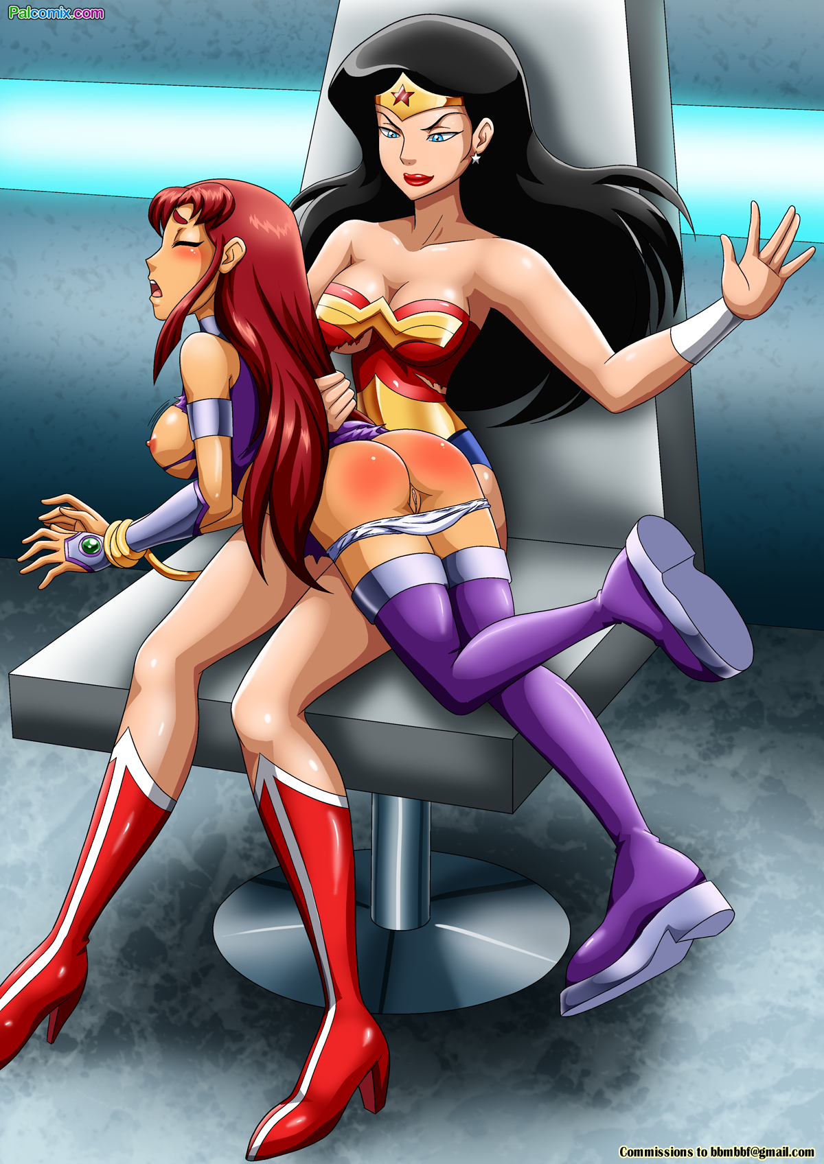 armpit, ass, big ass, black hair, blush, boots, bracelet, breasts, cleavage, closed eyes, dc, dc comics, dcau, earrings, female, functionally nude, gauntlets, large breasts, long hair, nipples, open mouth, orange skin, palcomix, panties, red ass, red hair, shoes, spanked, spanking, starfire, teen titans, teeth, tiara, tongue, torn clothes, wonder woman, wonder woman (series)