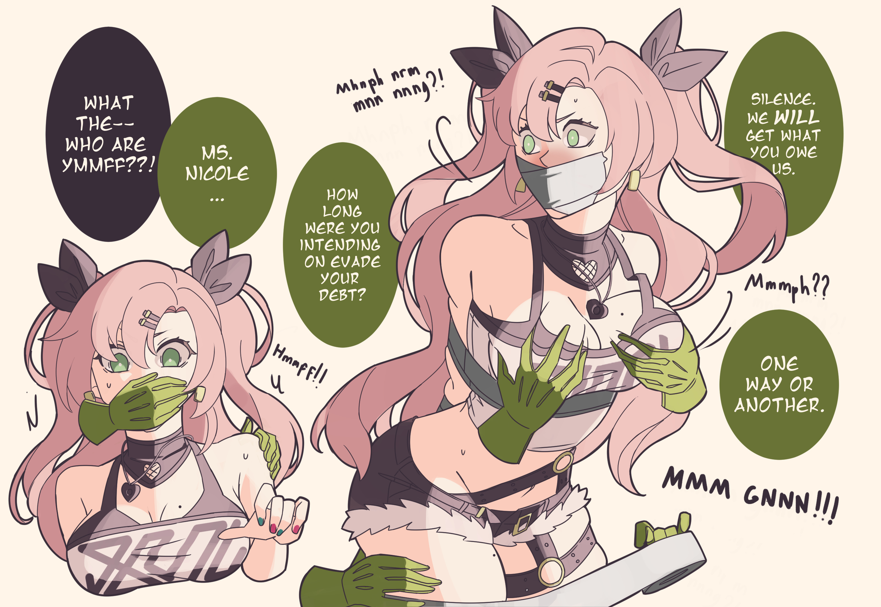 1girls, bondage, breast grab, color coded speech bubble, damsel in distress, disembodied hand, english dialogue, english text, groping, nayumika, nicole demara, pink hair, tape, tape bondage, tape gag, twintails, zenless zone zero