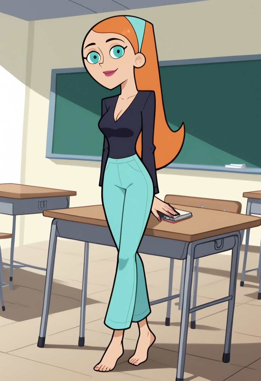 1girls ai_generated barefoot bigmic145 black_shirt blue_eyes blue_jeans breasts clothed clothed_female clothing danny_phantom feet female hair_band jazz_fenton medium_breasts nickelodeon orange_hair