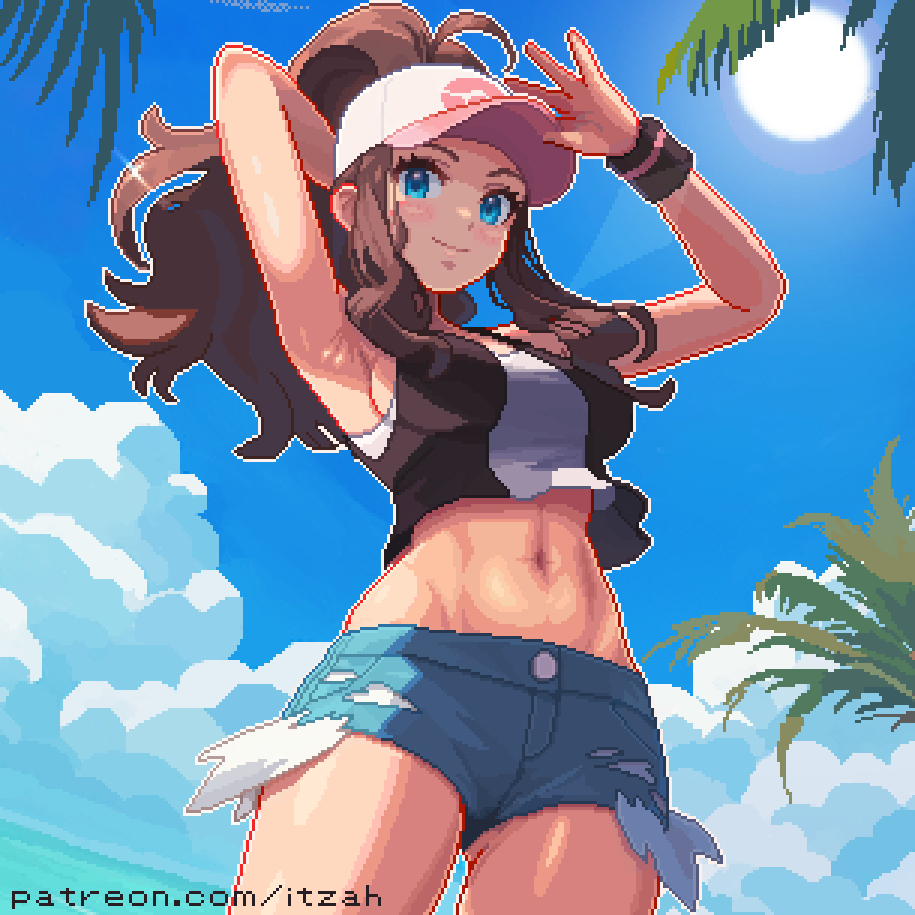 1girls, belly, blue eyes, brown hair, crop top, female, hilda (pokemon), itzah, midriff, navel, pixel art, pokemon, shorts, solo, thighs