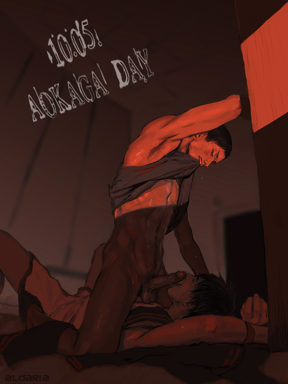 2boys, aldaria, aomine daiki, arms above head, arms tied, dated, erection, gay, jersey, kagami taiga, kuroko no basuke, licking, male, male only, mouth hold, multiple boys, multiple males, on back, penis, saliva, shirt lift, sweat, tongue, tongue out, undressing, yaoi