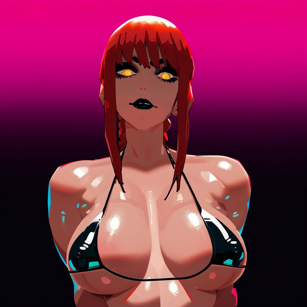 1girls, ai generated, bikini, black lipstick, chainsaw man, eyeshadow, female, golden eyes, makeup, makima (chainsaw man), nikolgreen, red hair, stable diffusion