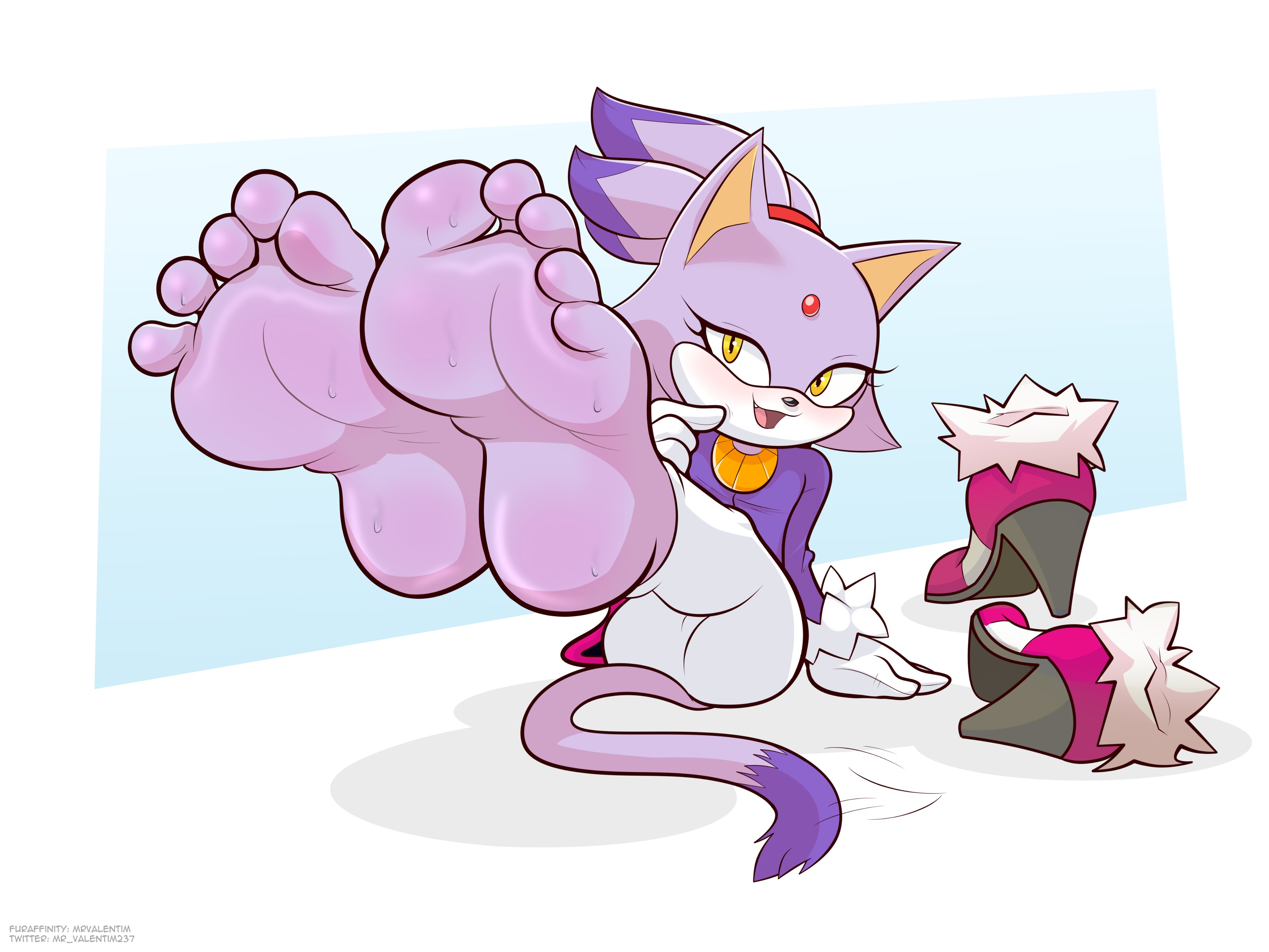 1girls, alternate version at source, alternate version available, blaze the cat, blushing, clothed, feet, feline, female, female only, foot fetish, foot focus, foot tease, mrvalentim, purple fur, solo, solo female, sonic (series), sonic the hedgehog (series), sweat, sweaty, sweaty feet, tail