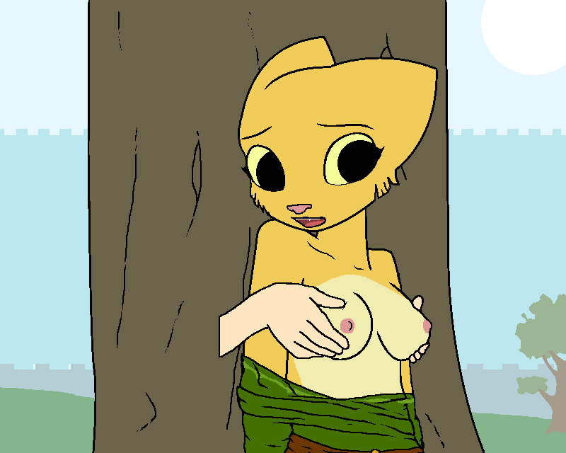 animated, anthro, biting lip, blahboop, breast fondling, breast grab, breasts, clothed, clothing, disembodied hand, duo, feline, female, fondling, fur, grope, half-dressed, hand on breast, katia managan, khajiit, mammal, nipples, open mouth, prequel, teeth, the elder scrolls, topless, tree, video games