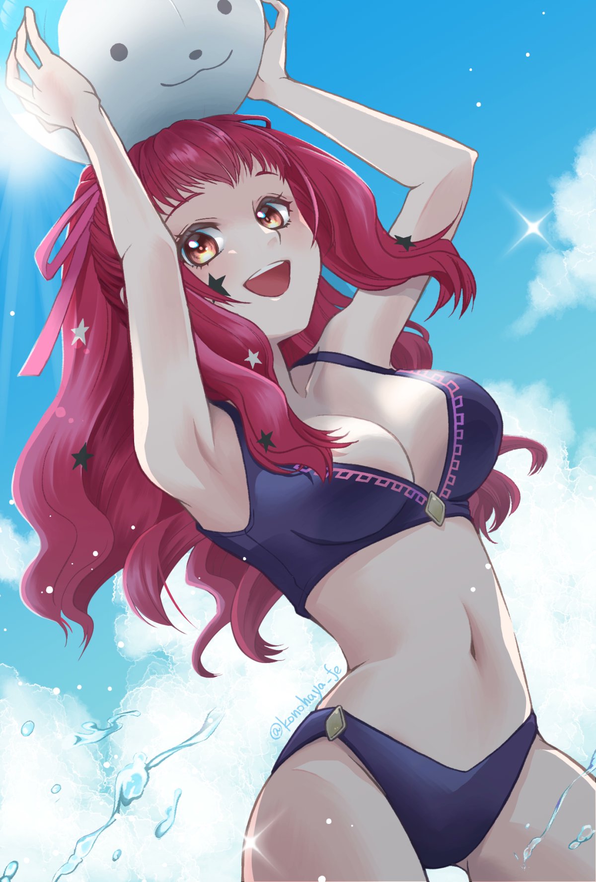 1girls alternate_costume arms_up ball beachball bikini blue_bikini blue_sky blue_swimsuit breasts character_ball cleavage cloud female female female_only fire_emblem fire_emblem_engage hair_ornament highres holding holding_ball konohaya_fe large_breasts long_hair looking_at_viewer navel nintendo open_mouth outdoors red_eyes red_hair sky smile solo sommie_(fire_emblem) star_(symbol) star_hair_ornament stomach swimsuit teeth upper_teeth_only water wavy_hair yunaka_(fire_emblem)