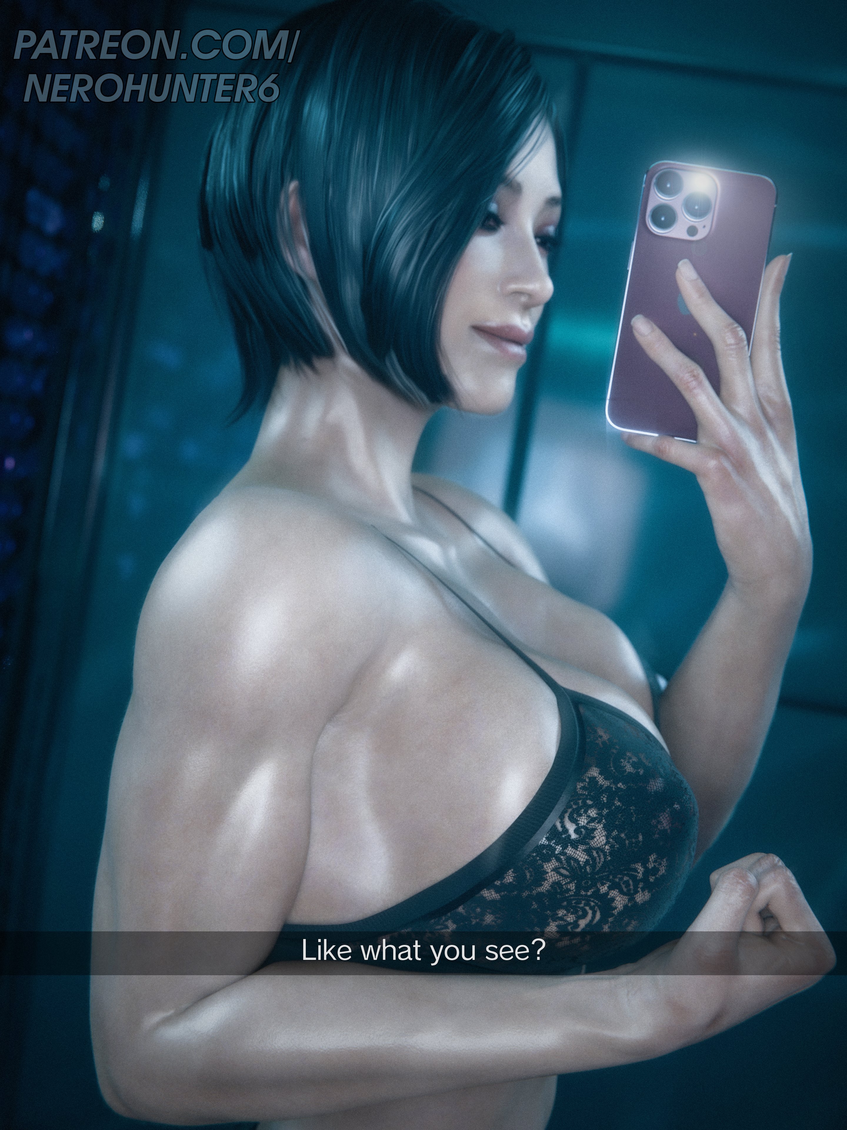 1girls, 3d, ada wong, asian, asian female, black hair, blurry background, bra, breasts, capcom, english text, female, female focus, female only, hi res, high resolution, highres, large breasts, lingerie, muscular, muscular female, nerohunter6, resident evil, selfie, short hair, smartphone, snapchat, solo, solo female, solo focus, text