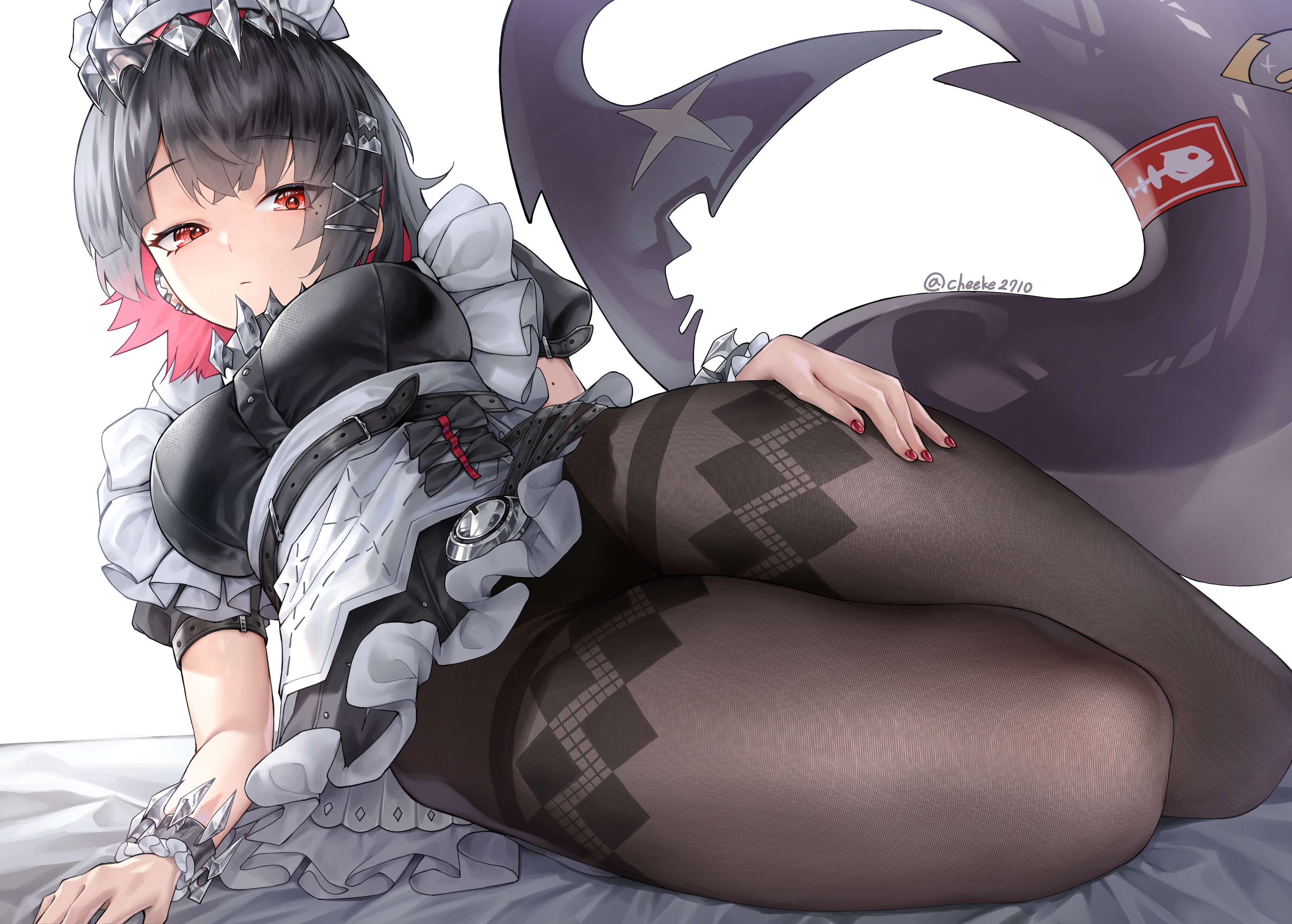 absurdres, apron, artist name, black dress, black hair, black pantyhose, blush, breasts, chee ke, closed mouth, commentary request, dress, ellen joe, female, female only, fins, fish tail, highres, horn hairband, large breasts, looking at viewer, lying, maid, maid apron, maid headdress, on side, pantyhose, puffy short sleeves, puffy sleeves, red eyes, red hair, shark girl, shark tail, short hair, short sleeves, simple background, solo, tail, white apron, white headdress, zenless zone zero