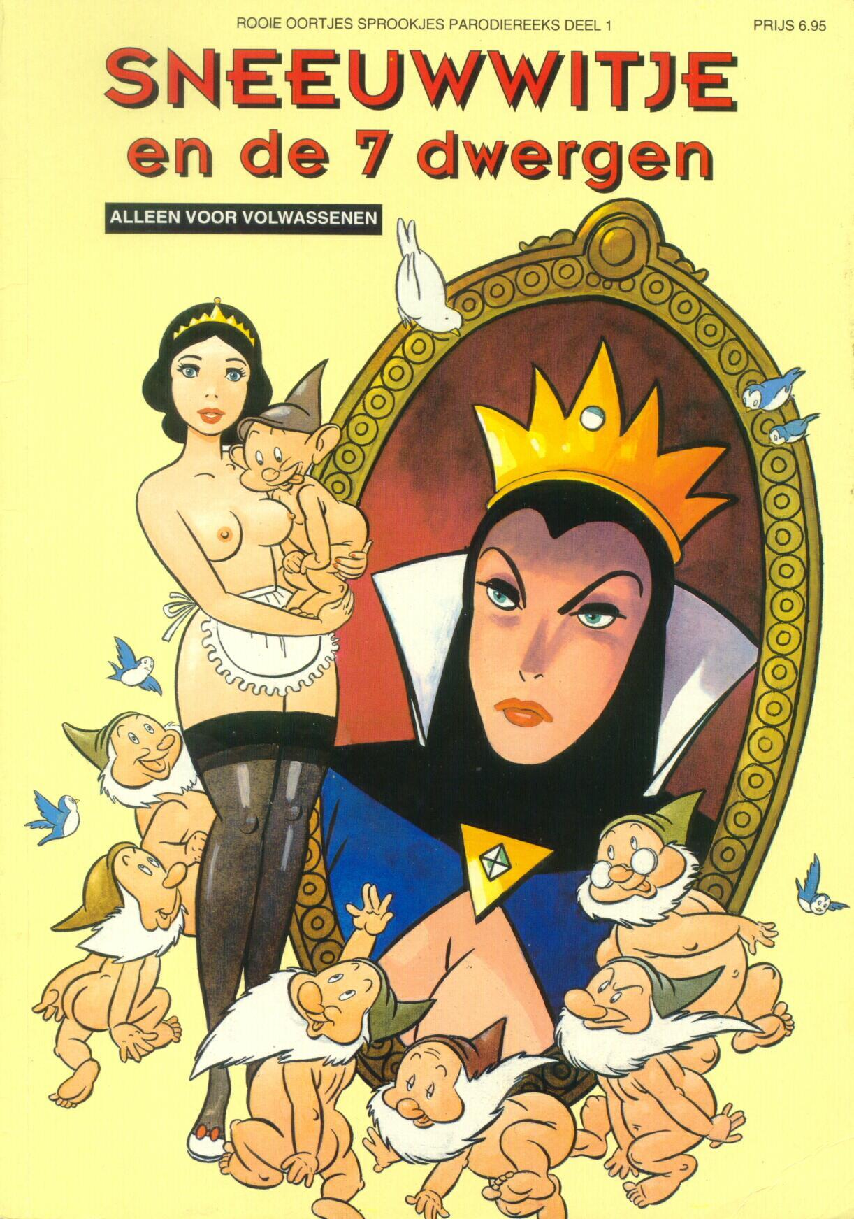 2girls 7boys apron bashful_(snow_white) beard bird convenient_censoring cover crown disney disney_princess disney_villains doc_(snow_white) dopey_(snow_white) dutch_text dwarf empress female grumpy_(snow_white) happy_(snow_white) male mirror nipples nude princess queen royalty sleepy_(snow_white) sneezy_(snow_white) snow_white_(disney) snow_white_and_the_seven_dwarfs straight text the_evil_queen