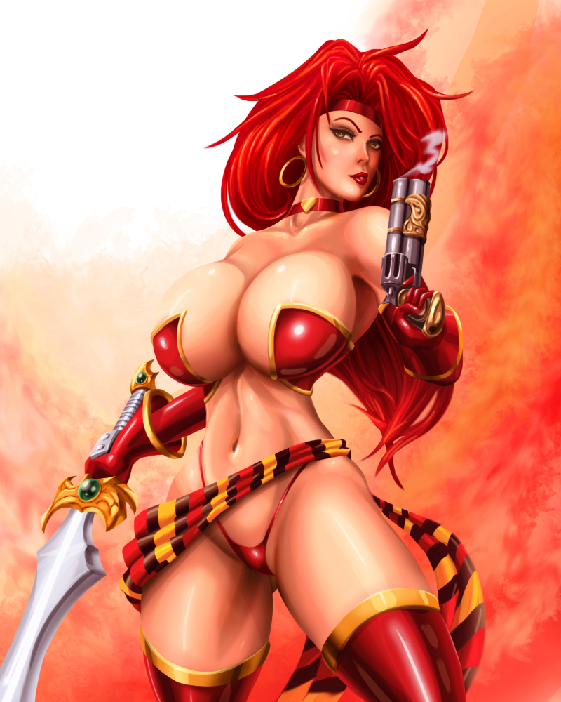 1girls, armpits, bare shoulders, battle chasers, breasts, choker, cleavage, clothing, earrings, elbow gloves, female, firearm, gloves, green eyes, gun, handgun, huge breasts, human, lipstick, long hair, navel, pale skin, pinup, pose, red gloves, red hair, red legwear, red monika, red panties, revolver, sash, shiny, shiny clothes, simple background, smoke, solo, standing, svoidist, sword, thighhighs, thong, weapon