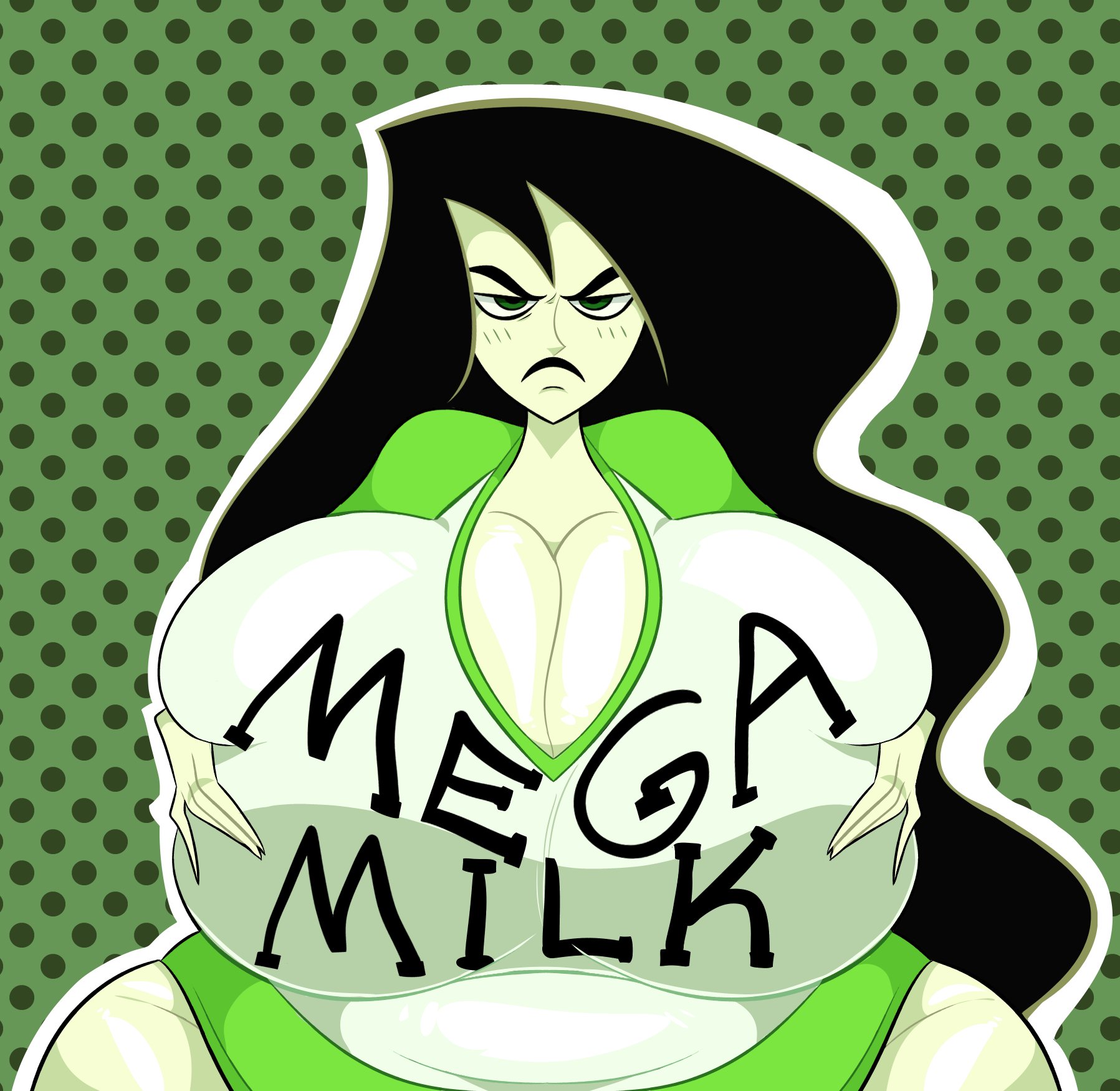 1girls, 2025, angry, angry face, big breasts, black hair, black-haired female, blush, blush lines, blushing at viewer, blushing female, breast focus, breasts, breasts bigger than head, breasts focus, clothed, clothed female, clothing, disney, disney channel, english, english text, enormous breasts, female, female only, fully clothed, fully clothed female, green skin, huge breasts, hyper breasts, kim possible, light skin, light-skinned female, mega milk, meme, meme attire, pixelzsinful, shego, shirt text, solo, text, unamused