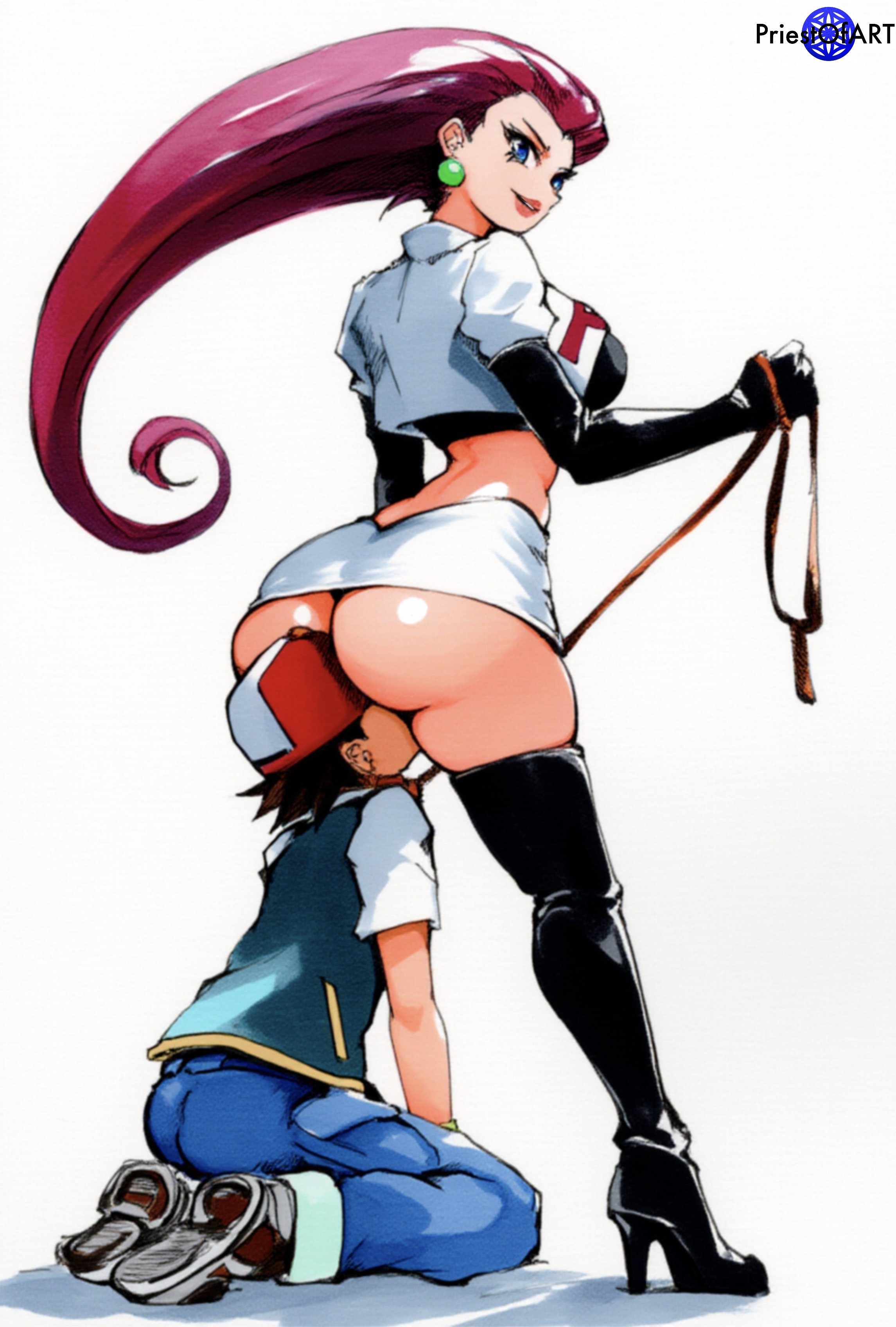 1boy, 1girls, age difference, ai generated, ass, belly, big ass, big butt, crop top, cunnilingus, curvy, earrings, elbow gloves, face in ass, female, femdom, gloves, holding leash, huge ass, huge butt, humiliation, jessie (pokemon), kneeling, larger female, leash, lipstick, long hair, male, narrow waist, nintendo, older female, pink hair, pokemon, pokemon trainer, priestofart, purple eyes, satoshi (pokemon), simple background, size difference, skirt, slave, smaller male, tagme, tagme (artist), tagme (character), taller female, team rocket, thick thighs, watermark, white background, younger male