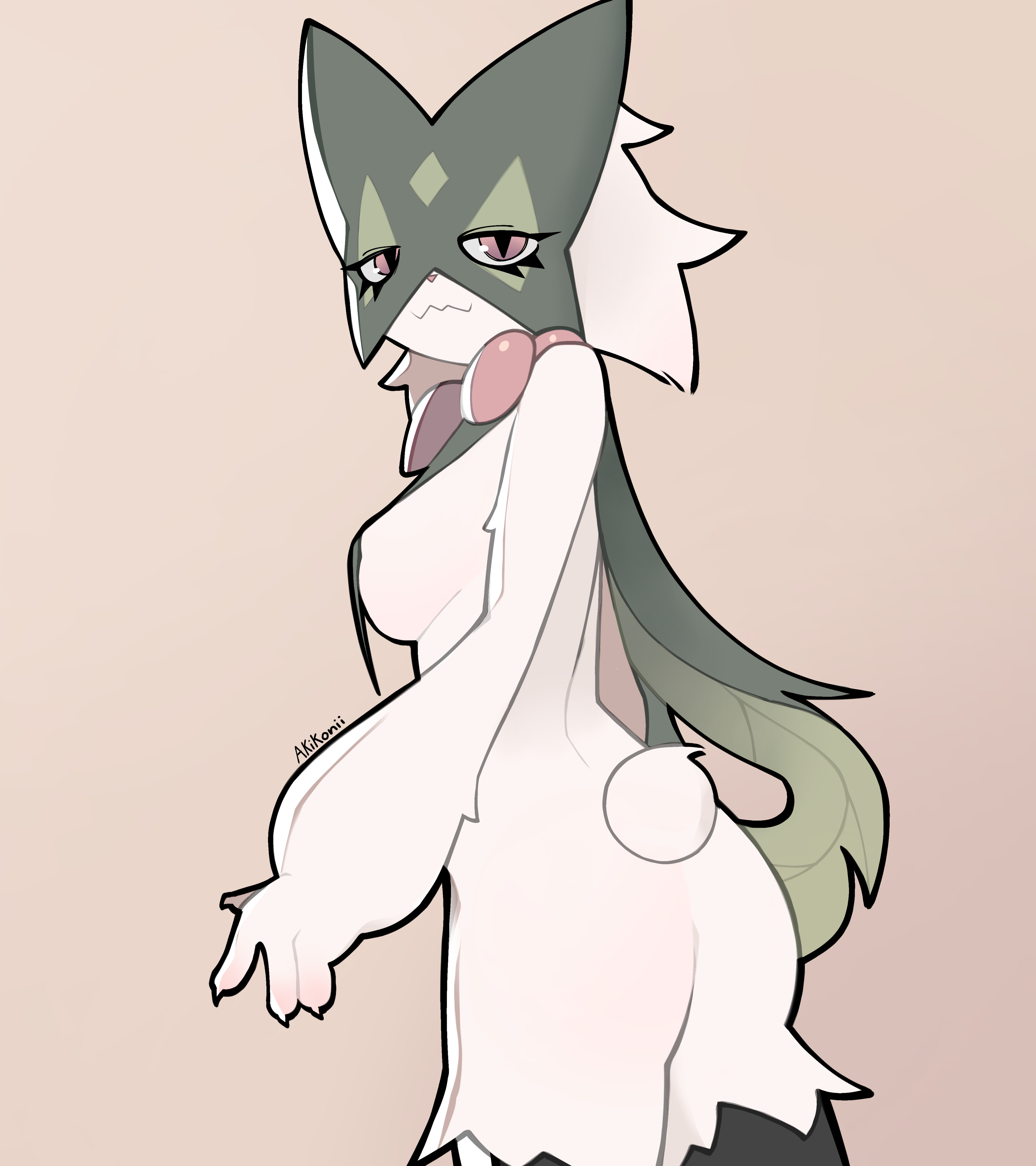 :3, 4 fingers, akikonii, ass, ass focus, back view, breasts, cat girl, catgirl, clawed fingers, claws, female, fingers, furry, furry female, generation 9 pokemon, green body, green fur, hi res, mask, meowscarada, nintendo, pink eyes, pokemon, pokemon (species), sideboob, solo female, tagme, tail, white body, white fur