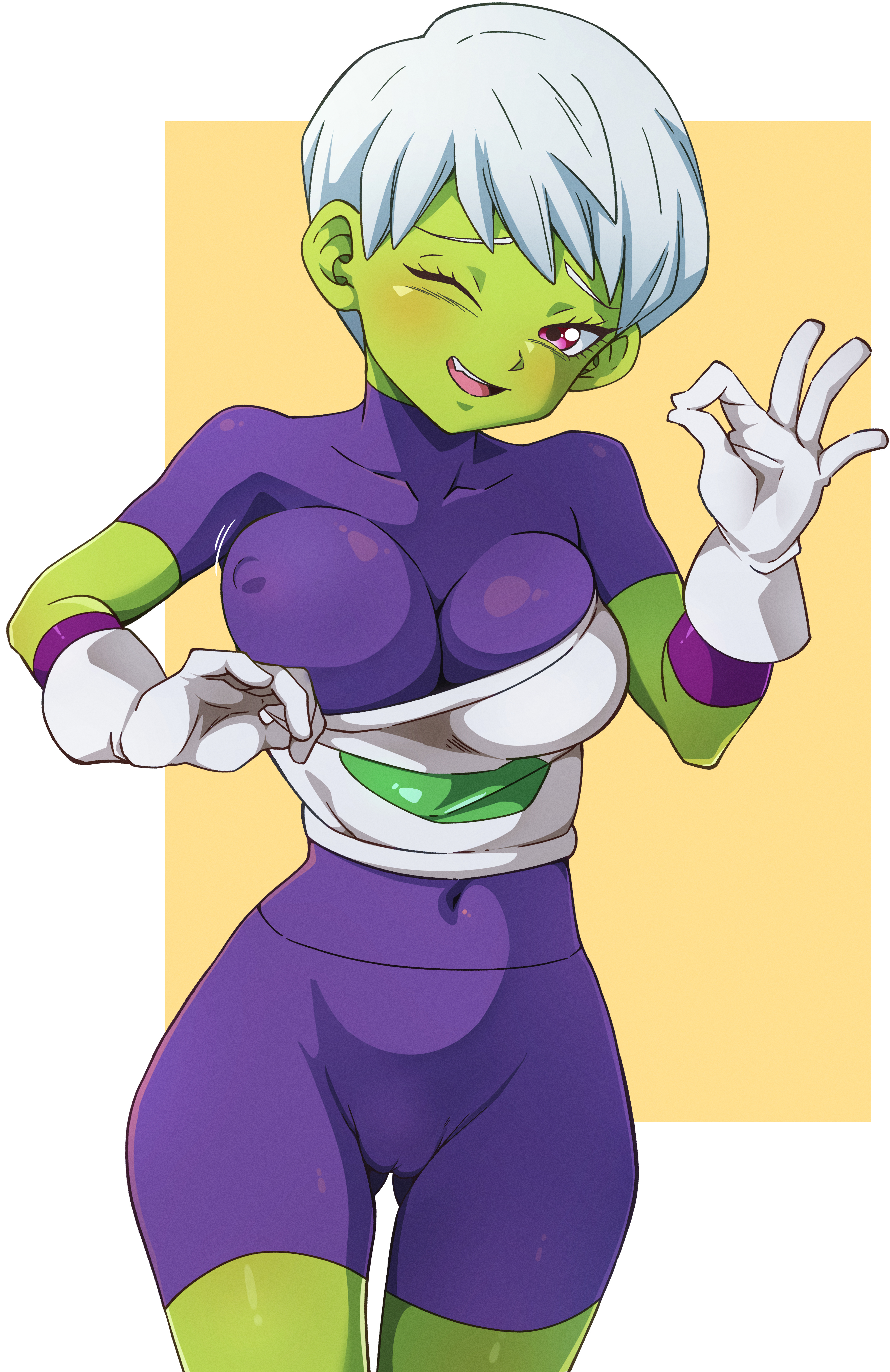 1girls, animanghayodraw, breasts, cheelai, dragon ball, dragon ball super, female, female focus, green skin, nipples visible through clothing, one eye closed, white hair