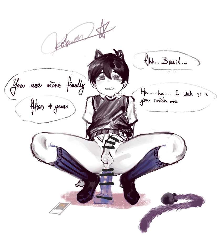 1boy, 2d, alternate version available, anal penetration, anal plug, balls, ballsack, buttplug, buttplug tail, cat boy, cat ears, catboy, censored, dildo, dildo in ass, extremely gay, femboy, gay, highres, male, mentioned character, neko, omori, penis, psychokokuon, purple dildo, riding dildo, solo, sunny (omori), text, thighhighs, thighs, very gay, yaoi