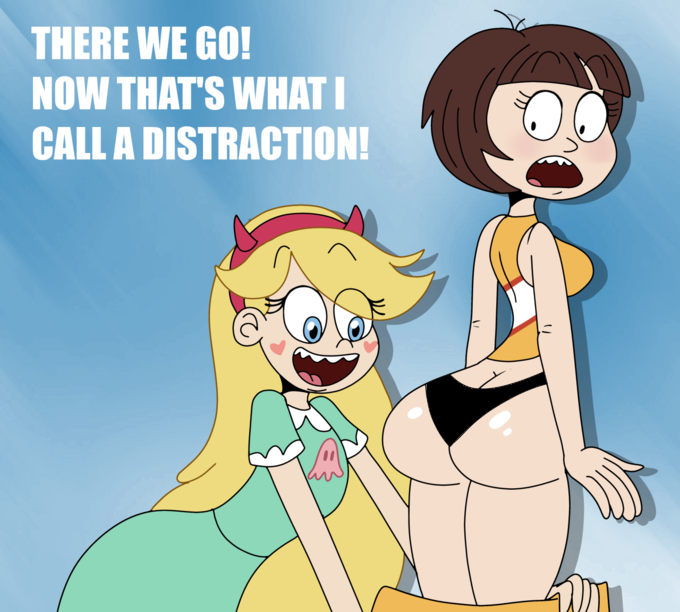 2girls ass ass_awe ass_cleavage big_ass black_panties blonde_hair blue_eyes blush brown_hair bubble_ass bubble_butt busty butt_crack chantelle cheerleader disney disney_channel disney_xd english_text female female_face_near_ass panties scobionicle99 short_hair skirt_pull star_butterfly star_vs_the_forces_of_evil straight_hair surprised text thong white_female
