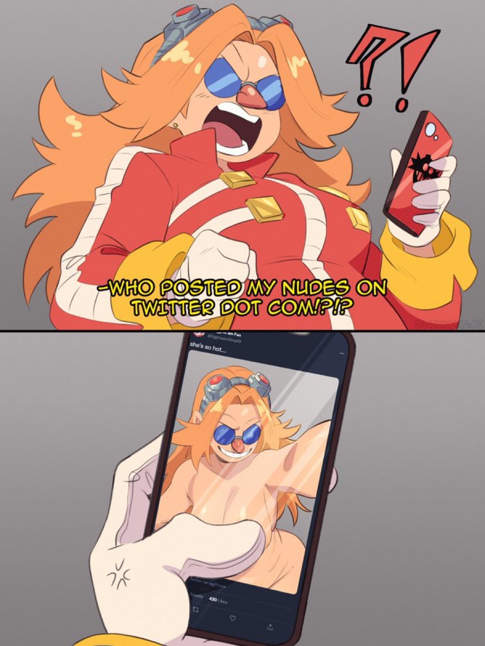 angry, bbw, big belly, big breasts, big nose, breasts, censored nipples, chubby, covering breasts, covering nipples, dr. eggma'am, dr. eggman, dr. eggmom, exclamation point, female, genderswap, genderswap (mtf), geraldine robotnik, ginger, ginger hair, glasses, goggles on head, ivo robotnik, meme, nikkikaji, nude selfie, nudes on phone, phone, phone screen, question mark, rule 63, selfie, selfie pose, snapcube, sonic (series), sonic the hedgehog (series)