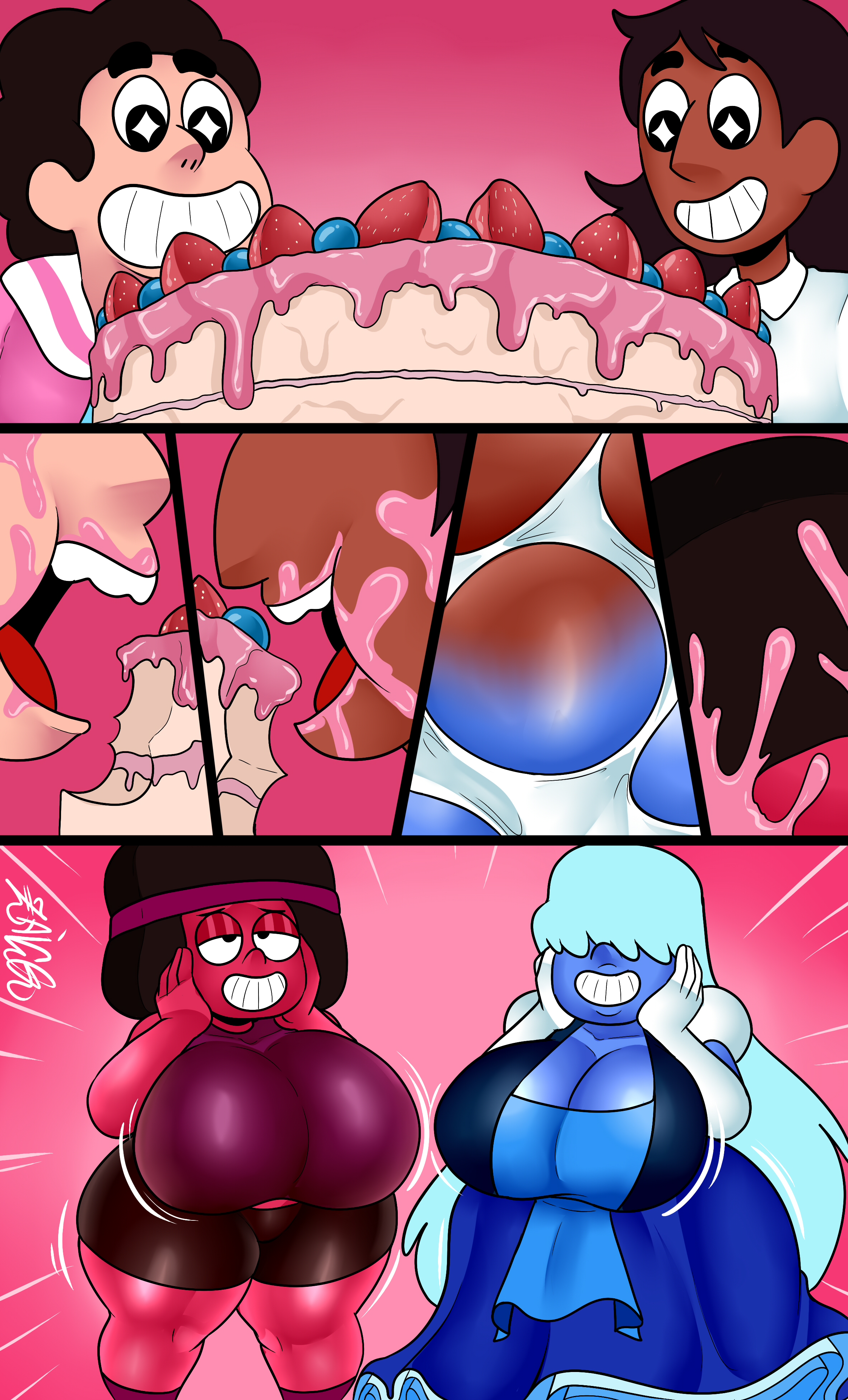 blueberry, breast expansion, breast growth, breast growth (enlargement), breasts, cake, comic page, connie maheswaran, eating, expansion, female, gender transformation, hands on cheeks, hands on head, identity death, large breasts, mtf transformation, patreon release, ruby (steven universe), sapphire (steven universe), steven quartz universe, steven universe, strawberry, tagme, thigh expansion, transformation, transformation by substance, unaware, zaicomaster14
