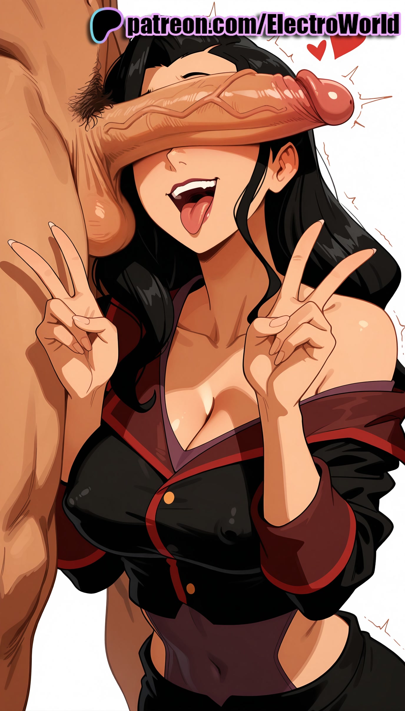 1boy, 1girls, 2025, ai generated, artist name, asami sato, avatar legends, balls, black hair, breasts, bust, chest, clothed female nude male, cock, dick, double v, electroworld, erection, female, hi res, high quality, high resolution, highres, large penis, long hair, male, male pubic hair, nickelodeon, nicktoons, nude, off shoulder, patreon, patreon username, penis, penis on face, precum, pubic hair, solo focus, stable diffusion, straight, testicles, the legend of korra, tongue, tongue out, trembling, twitching penis, uncensored, v, w, watermark