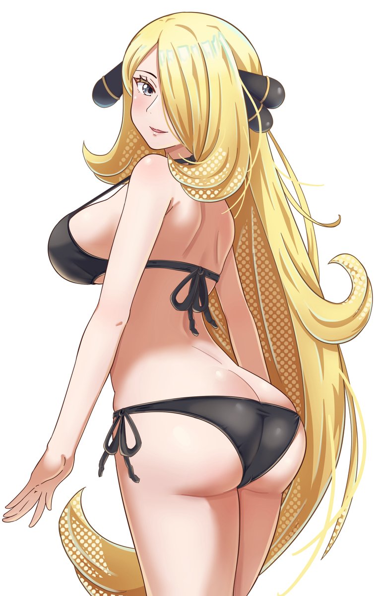 1girls, ass, back, bare arms, bare legs, bikini, black bikini, blonde hair, breasts, butt crack, cynthia (pokemon), female, female only, from behind, game freak, grey eyes, hair ornament, hair over one eye, halterneck, highres, large breasts, long hair, maho (corotonton5150), nintendo, parted lips, pokemon, pokemon dppt, side-tie bikini bottom, smile, solo, swimsuit, very long hair, white background