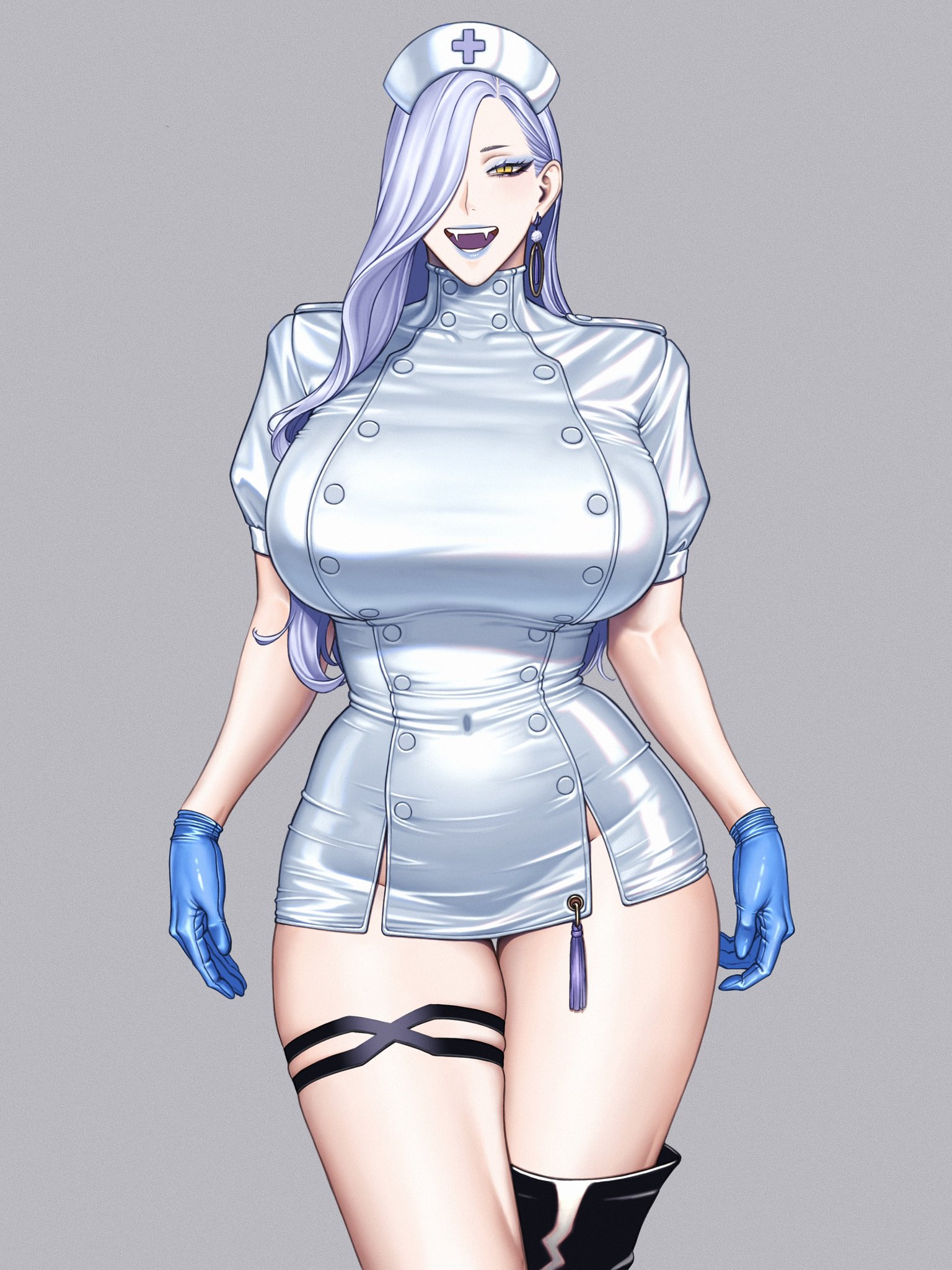 1girls, blue gloves, blue lips, cowboy shot, dress, fangs, fate (series), fate/grand order, female, female only, gloves, grey background, hair over one eye, half-closed eyes, hat, highres, hihizaru badass, latex, latex gloves, milf, nurse, nurse cap, omi-san (fate), open mouth, revealing clothes, short dress, simple background, smile, solo, standing, thigh strap, thighs, tight clothing, yellow eyes