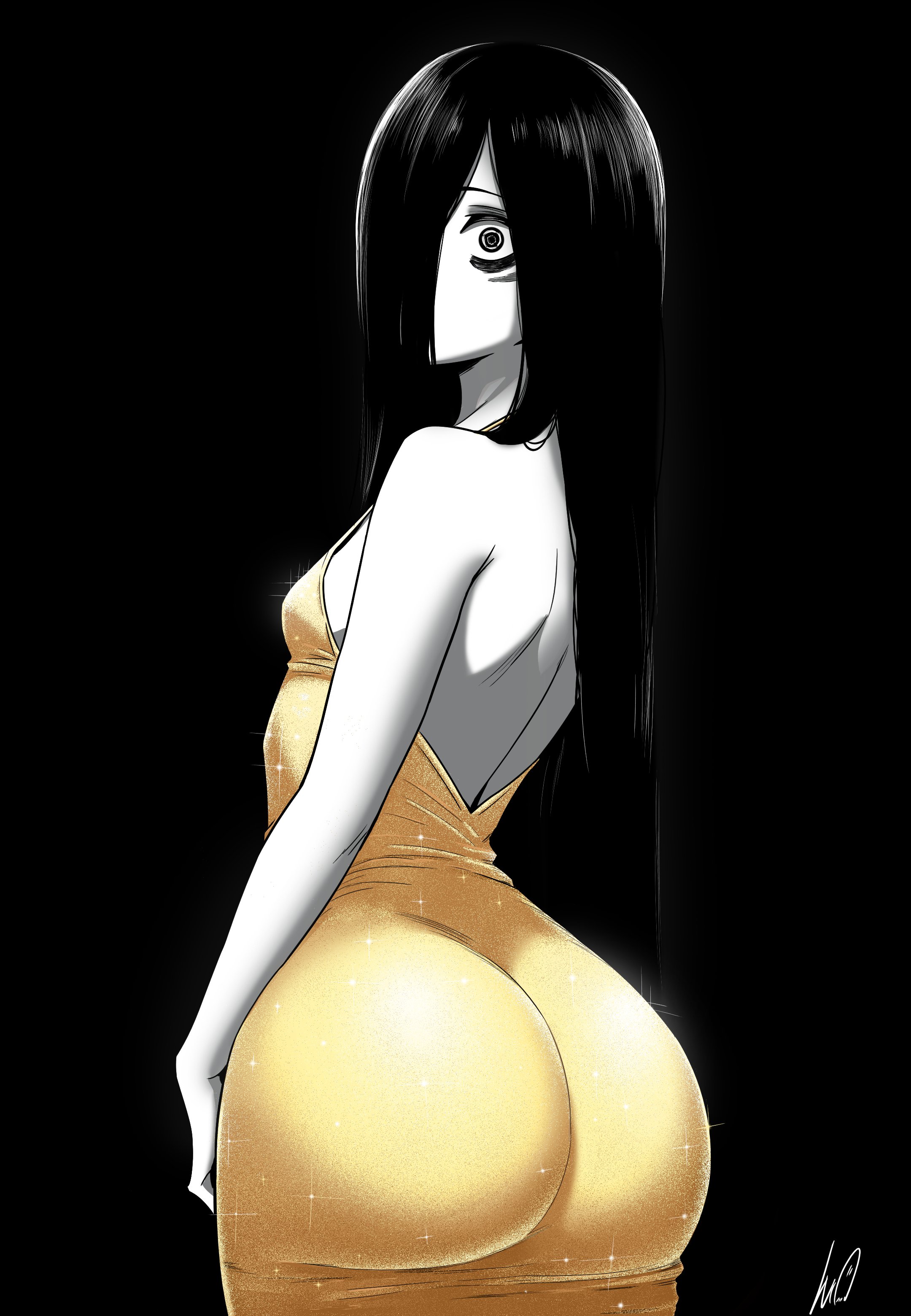 ass, big ass, black hair, bubble ass, bubble butt, female, gold dress, huge ass, long hair, looking at viewer, looking back, lughost, the ring, yamamura sadako