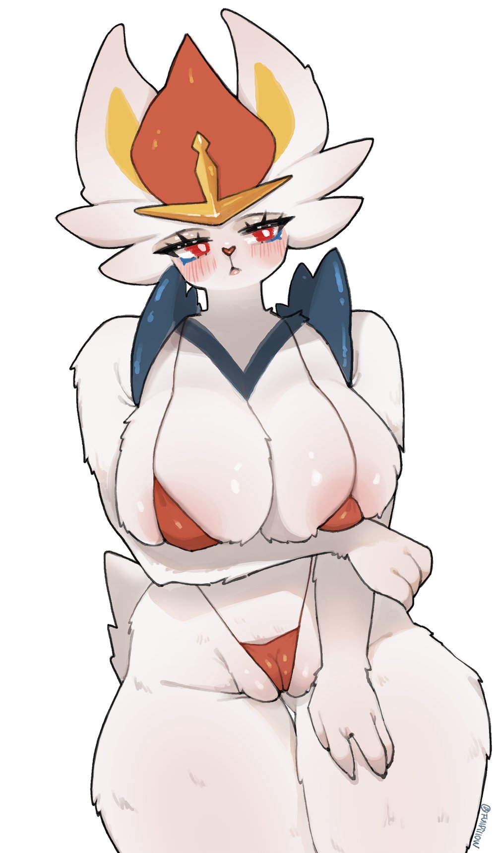 2025 anthro big_breasts bikini blush blush_lines breasts cinderace clothing eyelashes female fullpillow fur generation_8_pokemon genitals hi_res huge_breasts lagomorph mammal nintendo pokemon pokemon_(species) pokemorph pussy red_eyes signature simple_background solo swimwear tail two-piece_swimsuit white_body white_fur