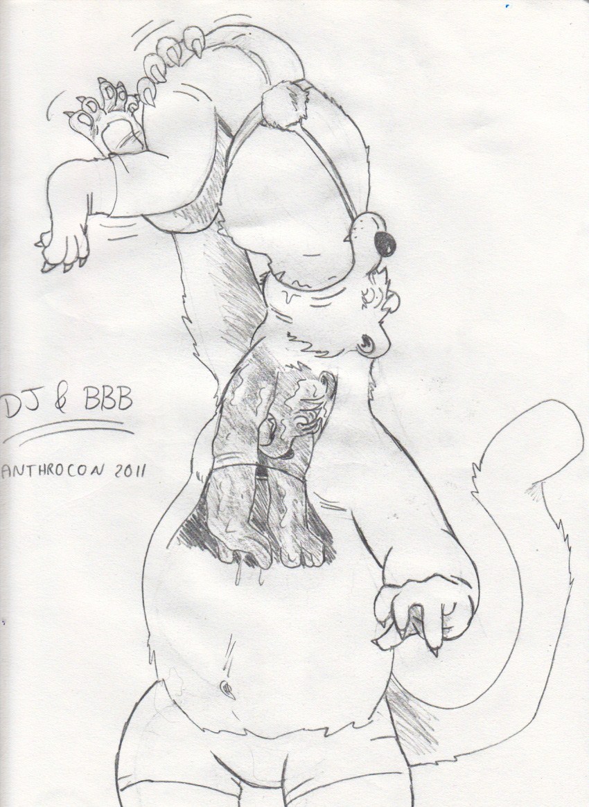 2011 anthro anthrocon bear belly big_bad_bear bigbadbear bottomwear character_name claws clothed_prey clothing duo graphite_(artwork) head_first internal long_tail male male/male mammal navel open_mouth oral_vore pants partially_inside polar_bear shirt shorts simple_background standing tail teeth text topwear traditional_media_(artwork) ursine vore white_background