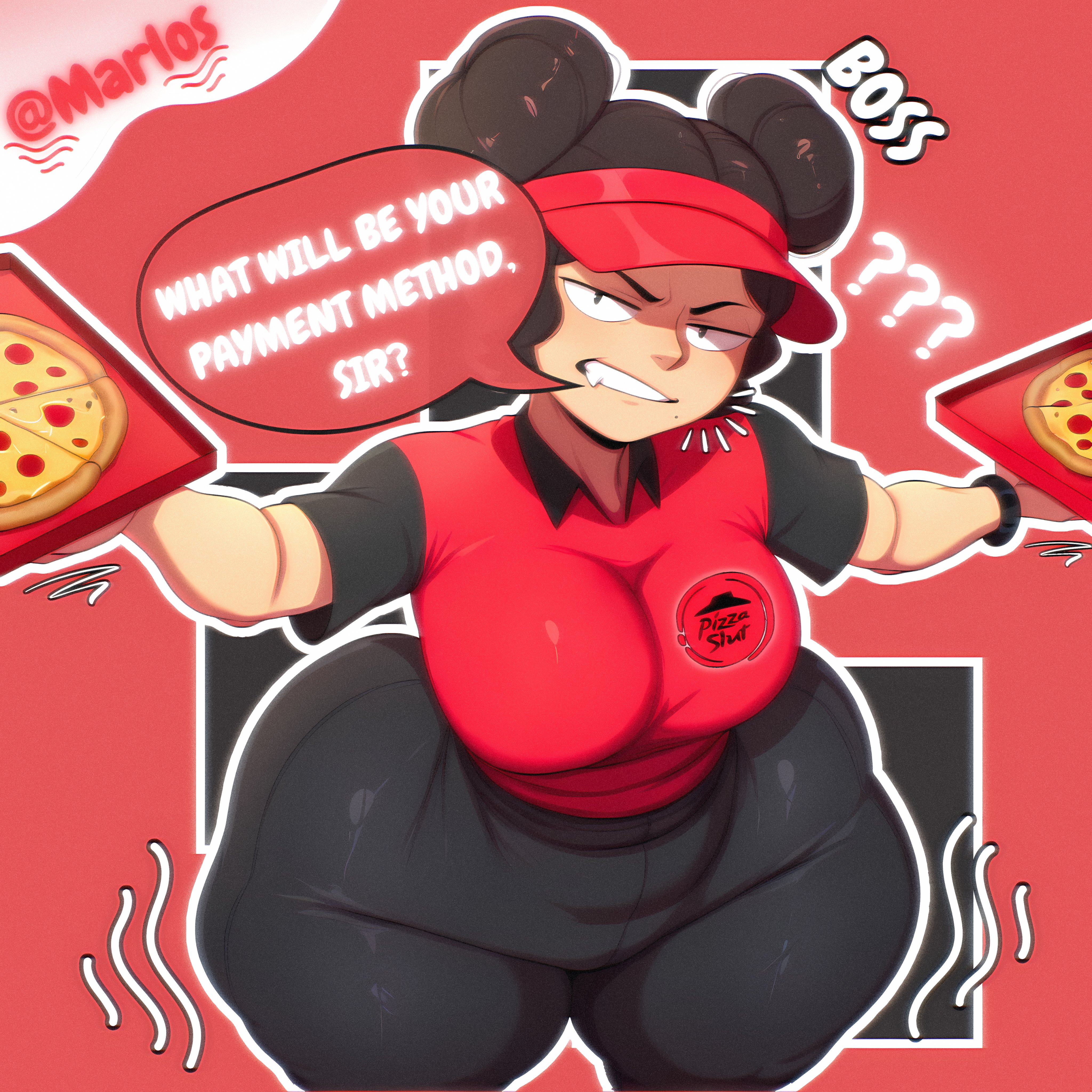 1girls, ai generated, boss (gats), breasts, english text, female, female focus, large breasts, light skin, light-skinned female, looking at viewer, marlosart, pizza thot, text, thick thighs, thighs, wide hips