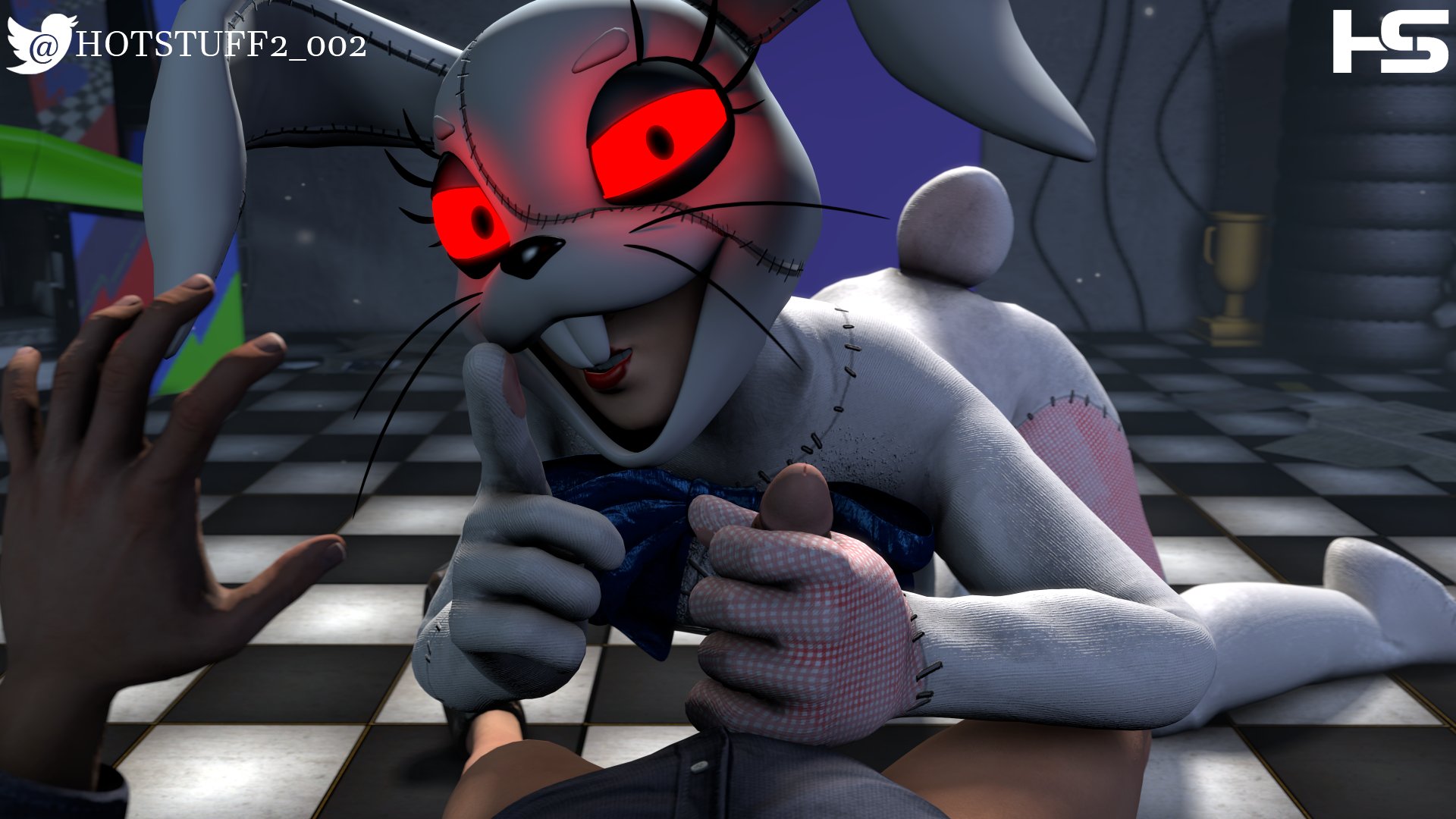 1boy, 1girls, 3d, bunny, bunny costume, bunny ears, dubious consent, exposed mouth, female, femdom, five nights at freddy's, five nights at freddy's: security breach, handjob, hotstuff, male, mascot costume, mascot head, mouth, rabbit, rabbit costume, rabbit ears, shush, shushing, stitch (sewing), stitches, straight, vanny (fnaf)