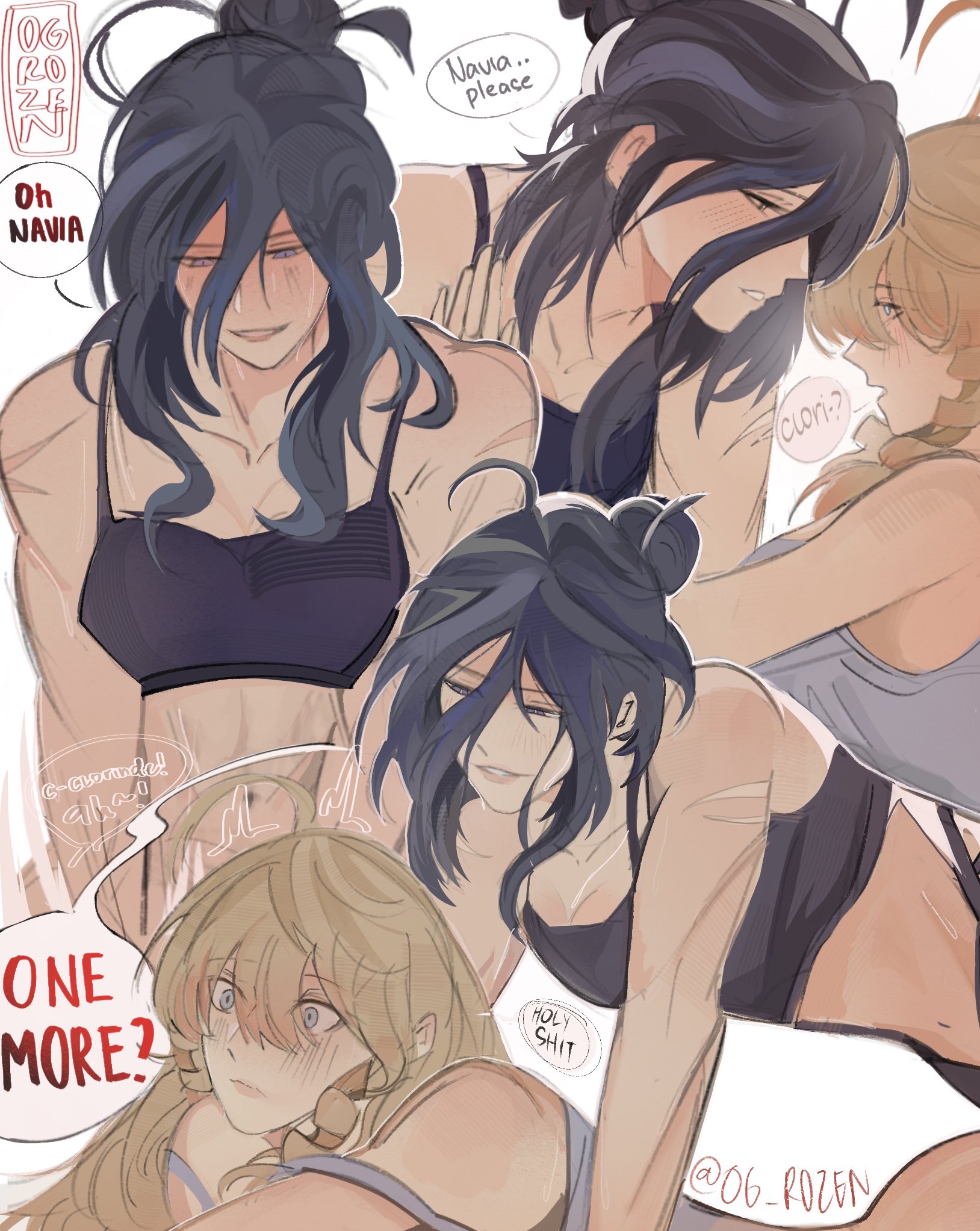 2girls, bisexual, blonde hair, blue eyes, clorinde (genshin impact), couple, female, from behind, genshin impact, handsome, lovers, navia (genshin impact), og rozen, prone bone, purple eyes, purple hair, smiling, strap-on, strapon, wholesome, yuri