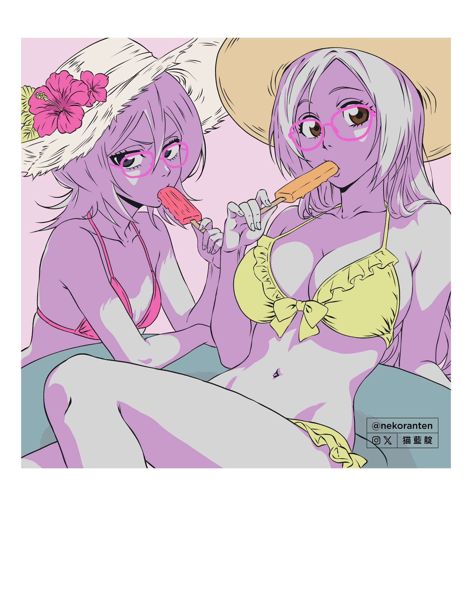 2girls, big breasts, bikini, bleach, breasts, busty, cleavage, curvy, female, female only, floaty, flower, flowers, glasses, hat, inoue orihime, kuchiki rukia, nekoranten, petite, popsicle, popsicle in mouth, straw hat, sucking popsicle