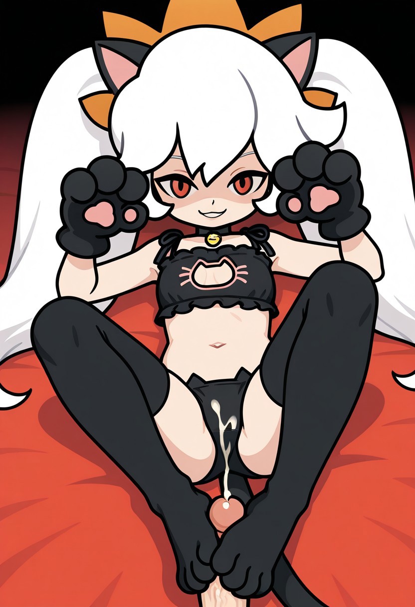 1boy, 1girls, 2025, ai generated, ashley (warioware), background, bra, cat ears, cat outfit, cat paws, cat stockings, cat tail, civitai, cum, cute, d3rmal, dick, female, footjob, kawaii, laying down, laying on bed, long hair, looking at viewer, male, mario (series), naughty face, nintendo, panties, penis, pose, red eyes, seductive, sexy pose, smile, sperm, tagme, warioware, warioware gold, white hair