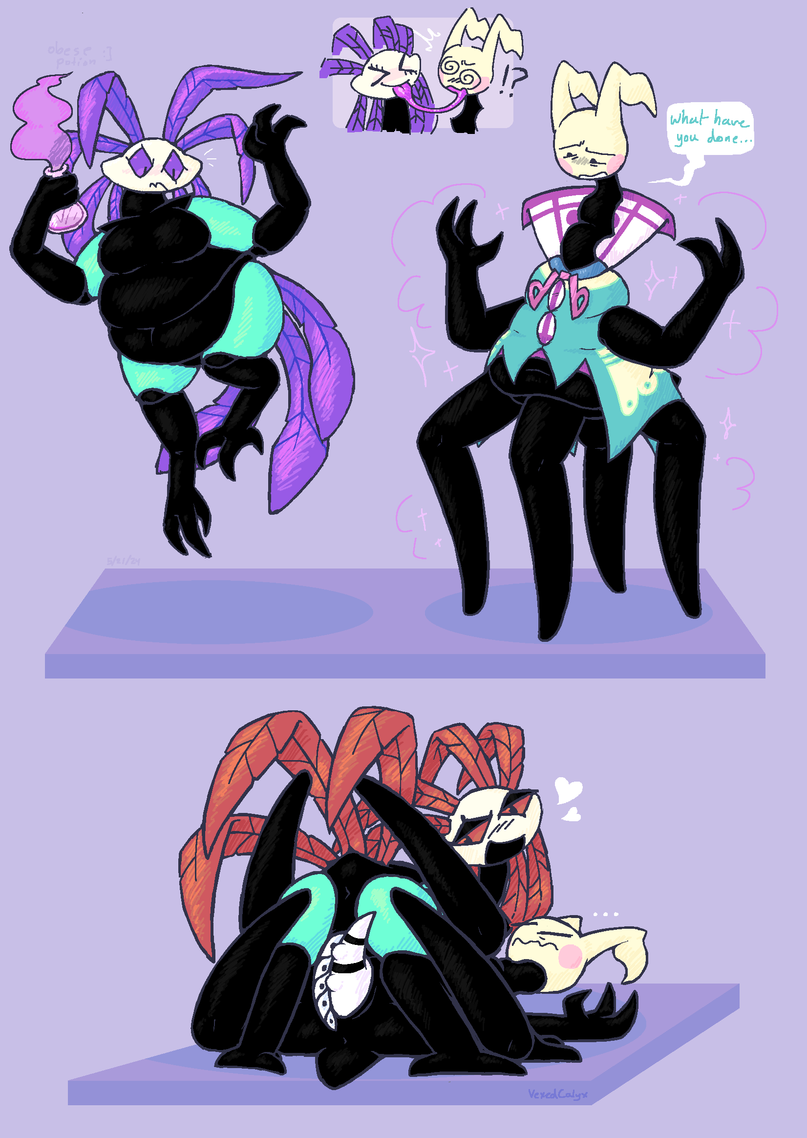 3_fingers 3_toes 4_legs amdusias_(vexedcalyx) anthro asymmetrical_eyes avian avian_feet black_body bodily_fluids changing_color cheek_spots demon digital_drawing_(artwork) digital_media_(artwork) digitigrade duo ellipsis feathers featureless_feet feet fingers floating frottage genitals heart_symbol hi_res horn huxley_(vexedcalyx) long_feathers long_neck male male/male multicolored_body navel overweight overweight_male penile penis plantigrade poof_transformation potion potion_bottle purple_eyes questionable_consent red_eyes saliva saliva_string sex short_tail speech_bubble spiral_eyes straddling striped_genitalia striped_penis stripes tail tail_feathers text toes unknown_species vexedcalyx weight_gain white_head white_penis