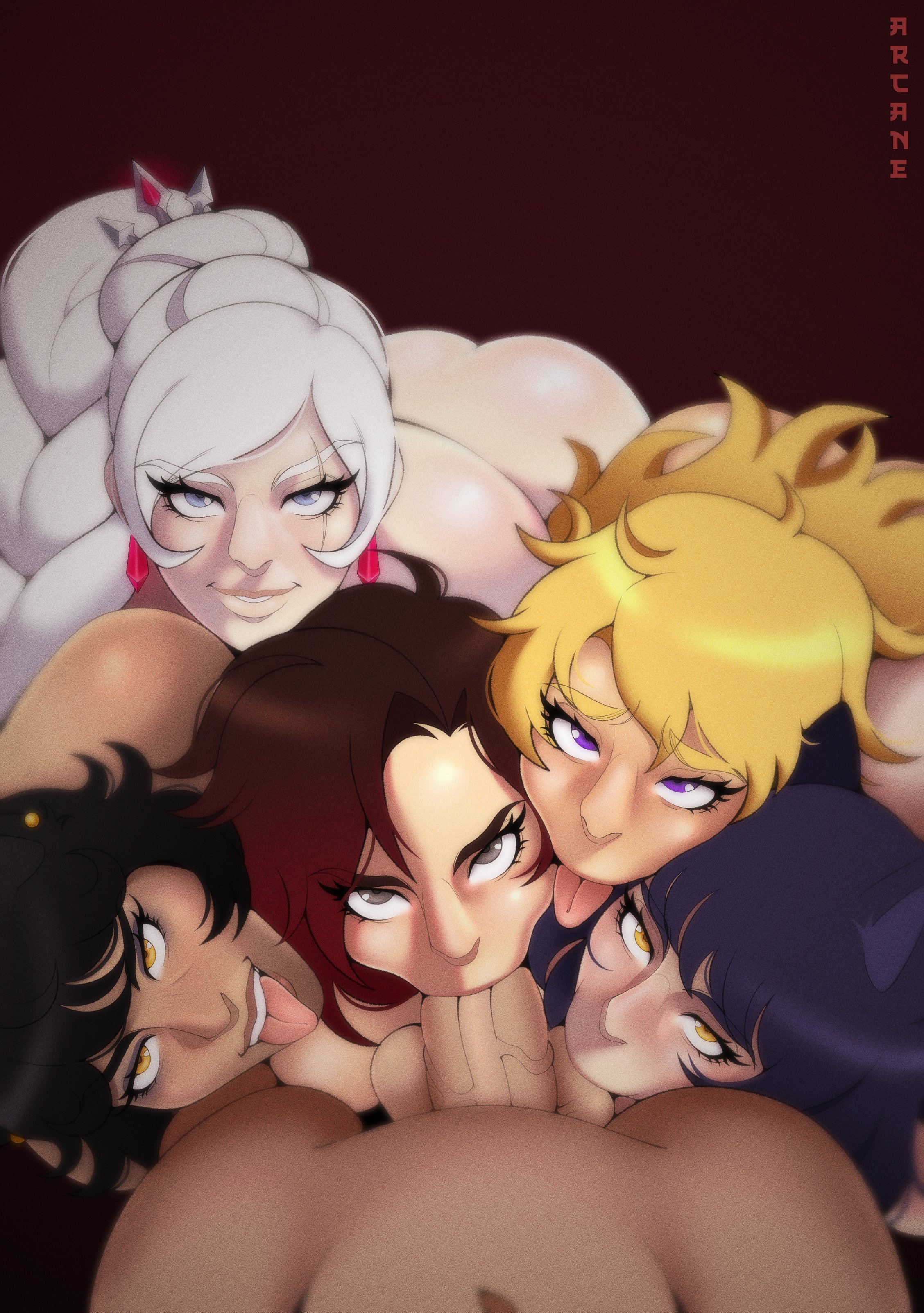 1boy, 1milf, 2025, 2d, 2d (artwork), 5girls, amber eyes, arcanensfw, artist name, ass, balls, balls sucking, big penis, black hair, blake belladonna, blonde hair, blowjob, blue eyes, butt, collaborative fellatio, faunus, fellatio, female, fivesome, group, group sex, harem, human female, kali belladonna, looking at viewer, male, male pov, maledom, milf, mother and daughter, multiple females, multiple girls, oral, oral sex, outercourse, oyakodon, penis, pov, purple eyes, red hair, ruby rose, rwby, simple background, sisters, straight, straight hair, team rwby, teenage girl, teenager, wavy hair, weiss schnee, white hair, yang xiao long