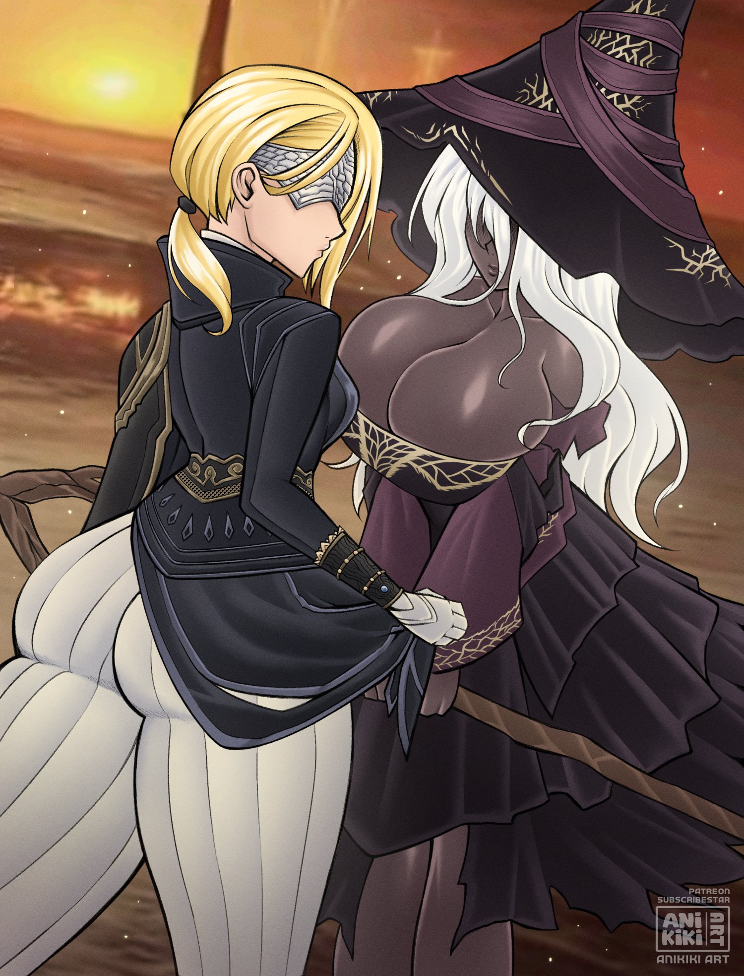 2girls, anikiki kun, ass, big breasts, blindfold, blindfolded, blonde female, blonde hair, breasts, busty, cleavage, clothed, dark skin, dark-skinned female, duchess (nightreign), elden ring, elden ring nightreign, eyes covered, fat ass, female, female only, fromsoftware, fully clothed, hat, huge ass, huge breasts, huge butt, large ass, large breasts, large butt, light skin, light-skinned female, massive breasts, ponytail, recluse (nightreign), revealing clothes, thick, thick ass, thighs, tight clothing, white hair, witch, witch hat