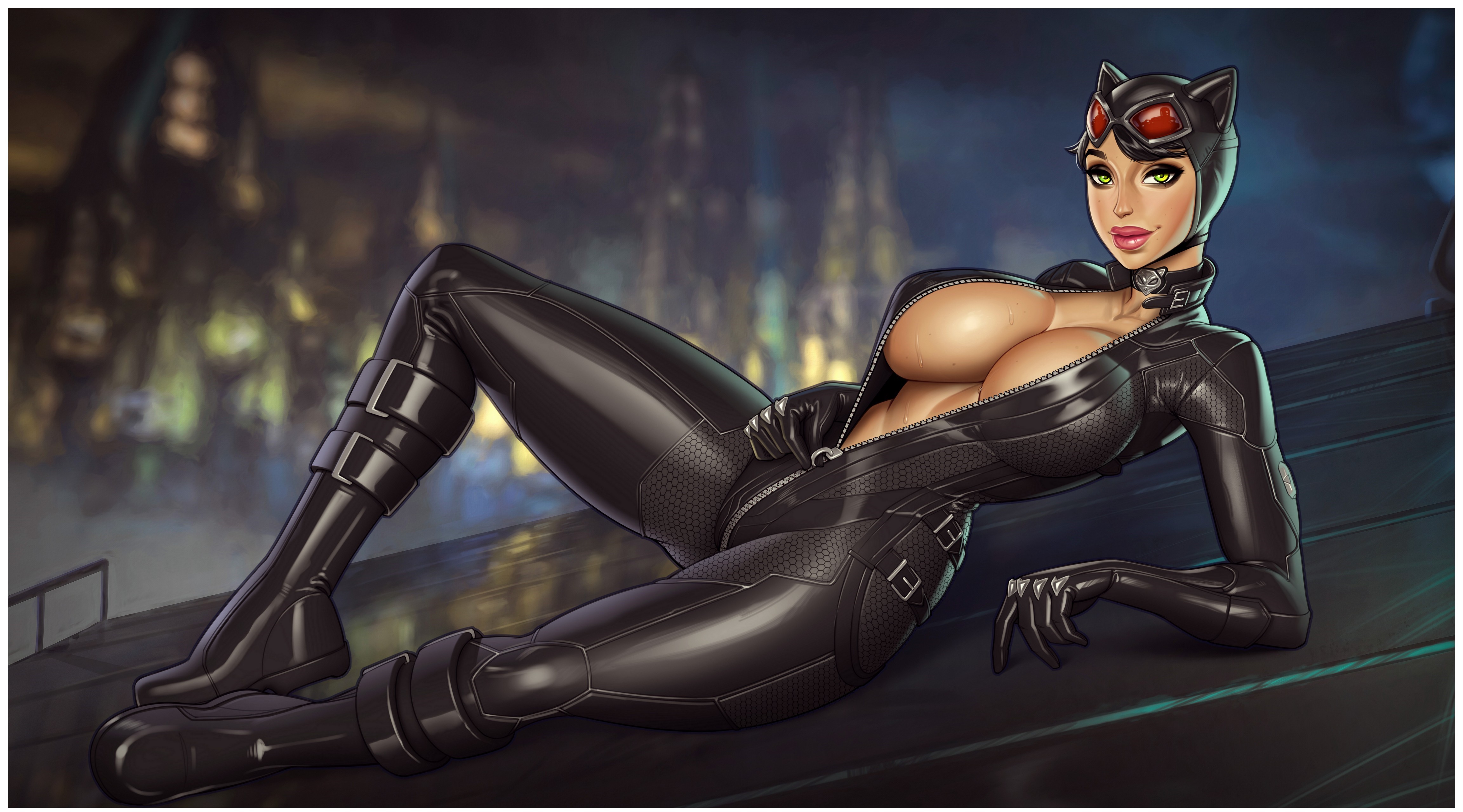 1girls, bangs, batman (series), batman: arkham knight, big breasts, black hair, bodysuit, boots, breasts, cat ears, catwoman, choker, cleavage, collar, dc, dc comics, fake animal ears, female, female human, female only, full body, full lips, gloves, goggles, green eyes, highres, hourglass figure, human, large breasts, light skin, light-skinned female, lips, looking at viewer, lying on side, mature female, mikiron, night, outdoors, outside, realistic, selina kyle, shiny, shiny clothes, shiny hair, shiny skin, short hair, skyscraper, slim waist, smile, solo, sweat, thick thighs, unzipping, variant set, wide hips