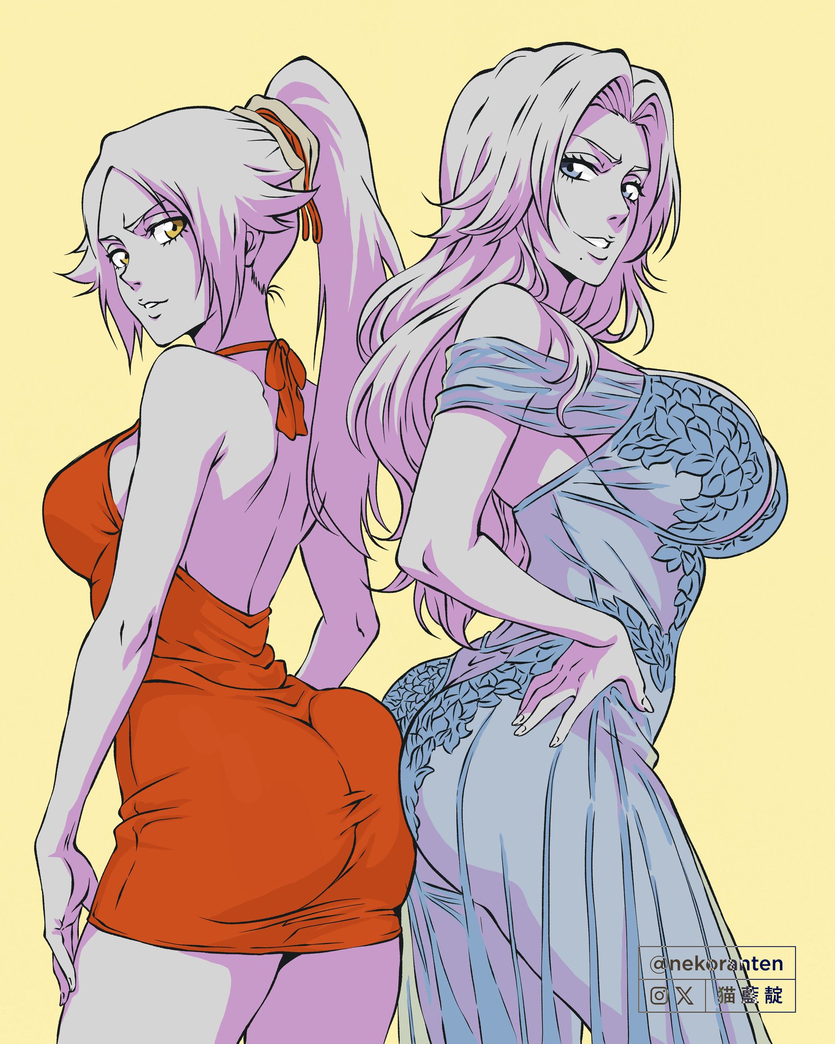 2girls, ass, ass press, ass to ass, big ass, big breasts, bleach, breasts, busty, curvy, dark skin, dark-skinned female, dress, embroidery, female, female only, long hair, matsumoto rangiku, mature female, nekoranten, orange hair, ponytail, purple hair, see through clothing, sheer, sheer clothing, shihouin yoruichi, skimpy, skimpy clothes, voluptuous