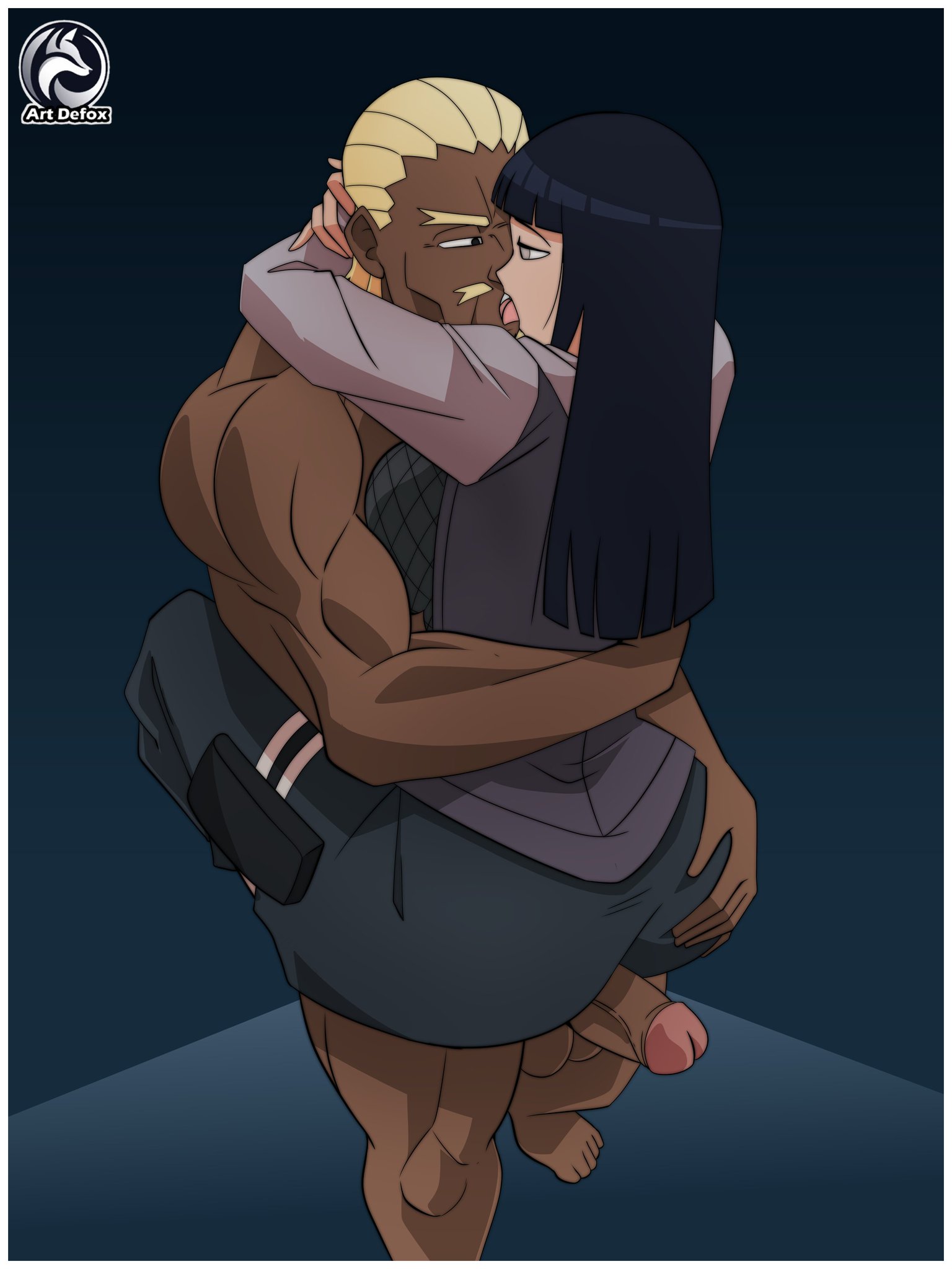 1boy, 1girls, 2d, 2d (artwork), artdefox, ass, ass grab, assjob, between buttocks, big breasts, black hair, blonde hair, breasts, buttjob, buttjob over clothes, clothed female nude male, clothed sex, color, couple, dark skin, dark-skinned male, female, fishnets, held up, hyuuga hinata, illustration, imminent sex, interracial, kissing, leg lock, light skin, light-skinned female, male, naruto, naruto (series), naruto shippuden, ninja, raikage, standing, straight