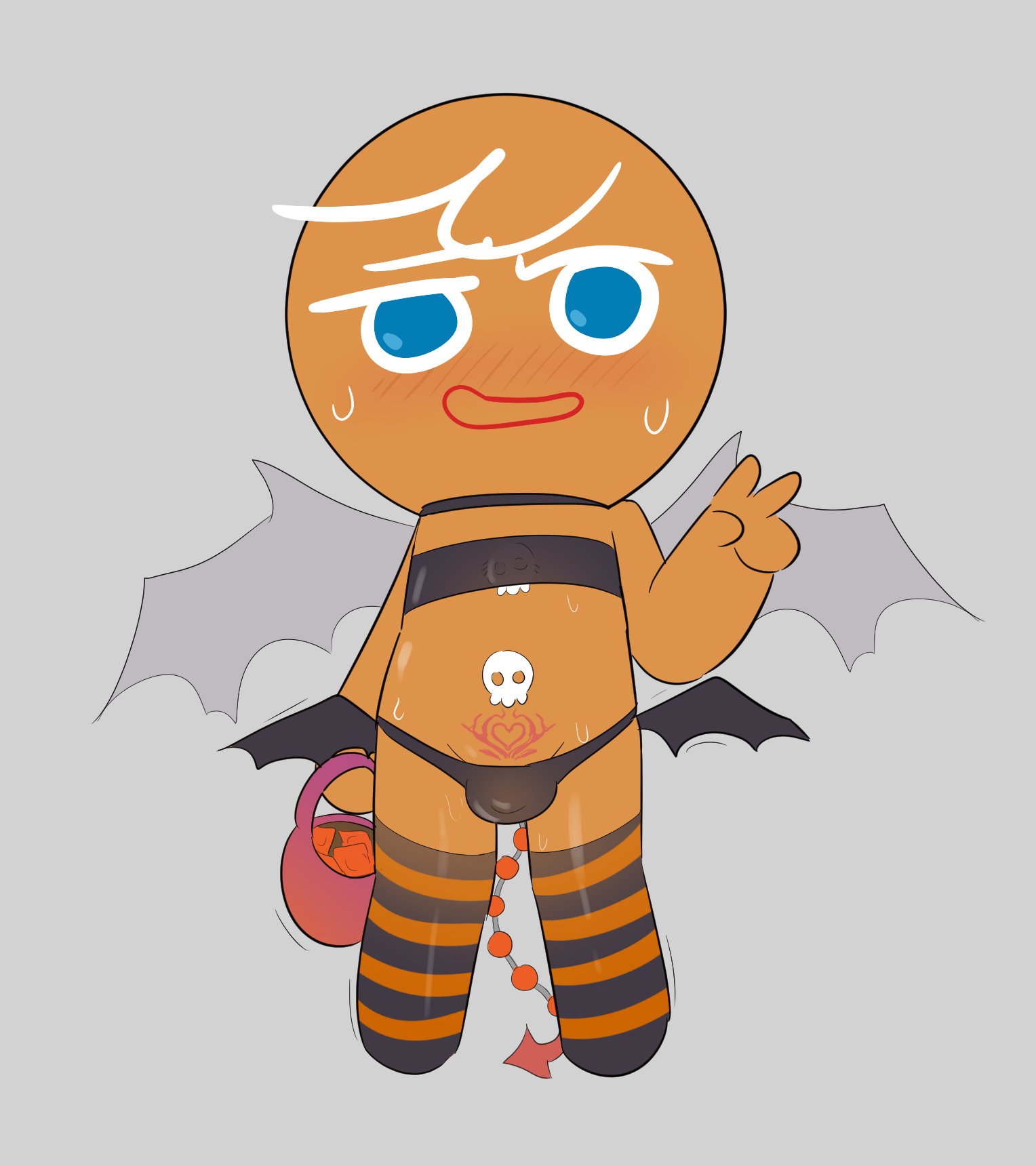 1boy, alternate version at source, alternate version available, blue eyes, blush, blush lines, brown body, bulge, cock, cock bulge, condom, cookie, cookie run, cookie run kingdom, cookie run ovenbreak, devil, femboy, femboy only, gingerbrave, gingerbread cookie, gingerbread man, halloween basket, halloween costume, kuwoesque, leggings, male, male only, panties, peace sign, penis, penis bulge, small penis, solo, solo focus, solo male, stockings, succubus tattoo, underwear, undies, white hair, wings