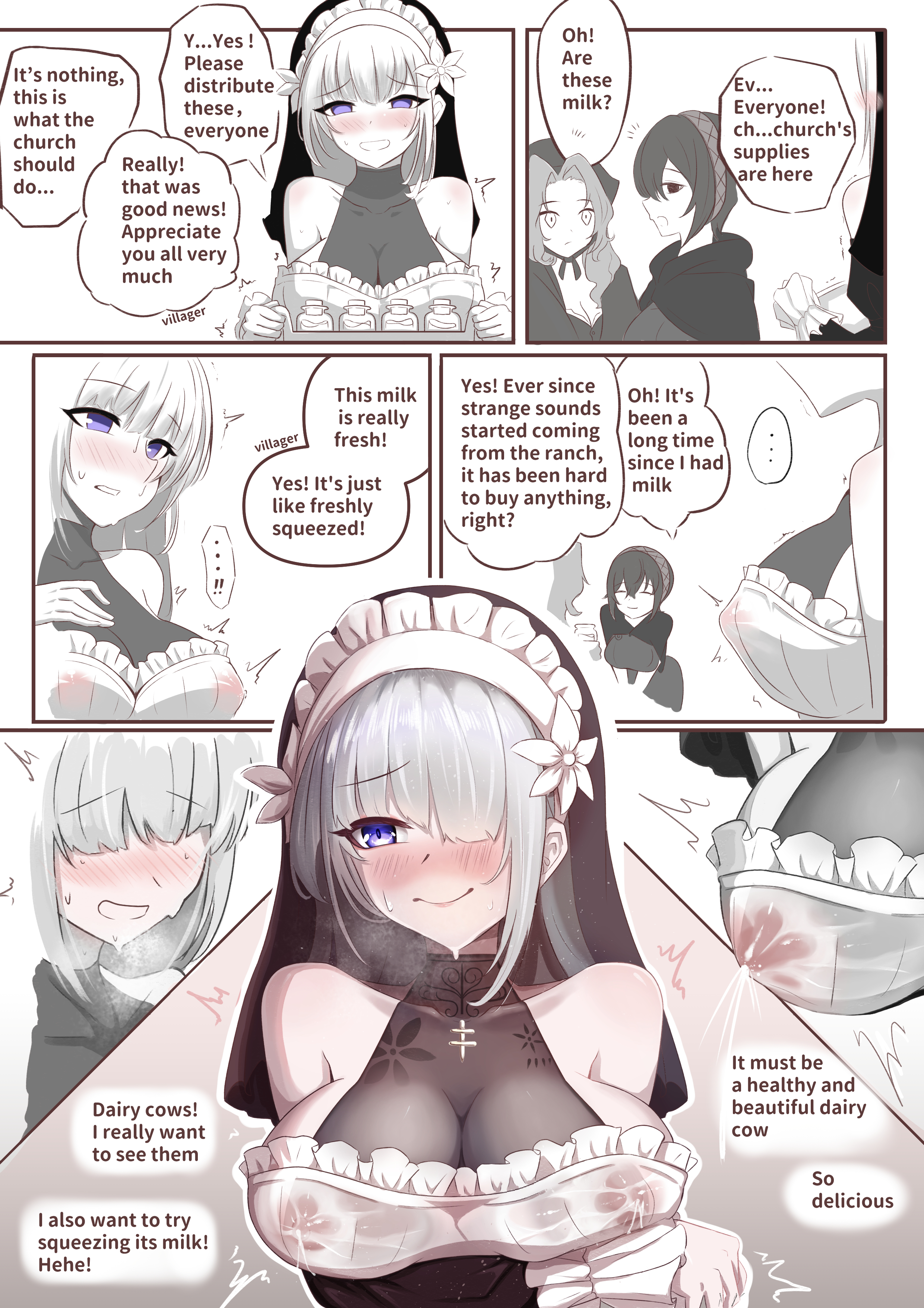 absurdres, arm behind back, artist name, black dress, black panties, black sleeves, blush, breasts, brown ribbon, chinese text, cleavage, closed mouth, comic, commentary request, covered navel, covered nipples, cowboy shot, cross, dated, detached sleeves, dress, female, flower, grey background, grey hair, hair between eyes, hair flower, hair ornament, highres, holding, holding staff, juliet sleeves, lactation, lactation through clothes, large breasts, lelia (sinisistar), long hair, long sleeves, looking at viewer, mole, mole on breast, mumi daohu, mumi-daohu, nervous, nipple stimulation, nun, panties, pantyshot, puffy sleeves, purple eyes, ribbon, short dress, shy, simple background, sinisistar, sinisistar2, smile, solo, staff, underwear, white background, white flower