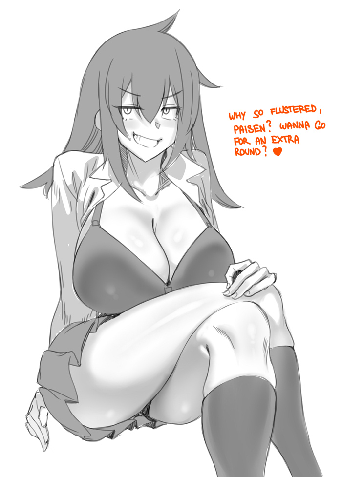 big breasts, breasts, female, gamo-chan, huge breasts, monochrome, panties, panzermeido, please don't bully me, nagatoro, showing breasts, sketch, skirt, solo, solo female, tagme, text, white background