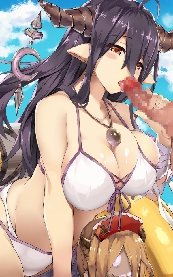 bandage bikini blush_stickers breast_press breasts censored cloud danua_(granblue_fantasy) fellatio female granblue_fantasy gretel_(granblue_fantasy) hidebuu horns large_breasts looking_at_viewer mosaic_censoring oral penis pointy_ears red_eyes sky solo_focus swimsuit tongue tongue_out white_bikini white_swimsuit