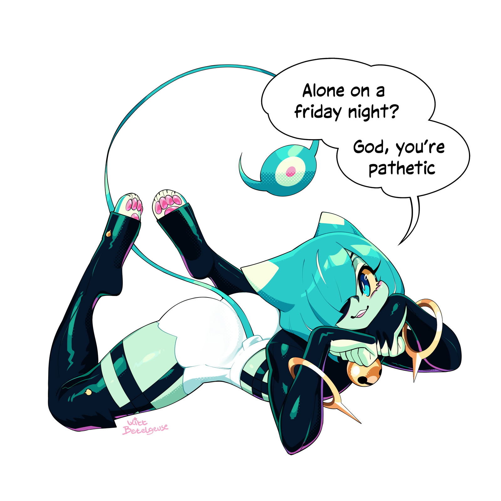 blue eyes, blue hair, cat bell, cat humanoid, catboy, eye covering bang, femboy, femboy focus, femboy only, feminine male, furry, furry male, furry only, insulting viewer, kittbetelgeuse, looking at viewer, lying on stomach, pretty boy, talking to viewer, thigh highs, thighhighs, toe beans, velo (kittbetelgeuse)