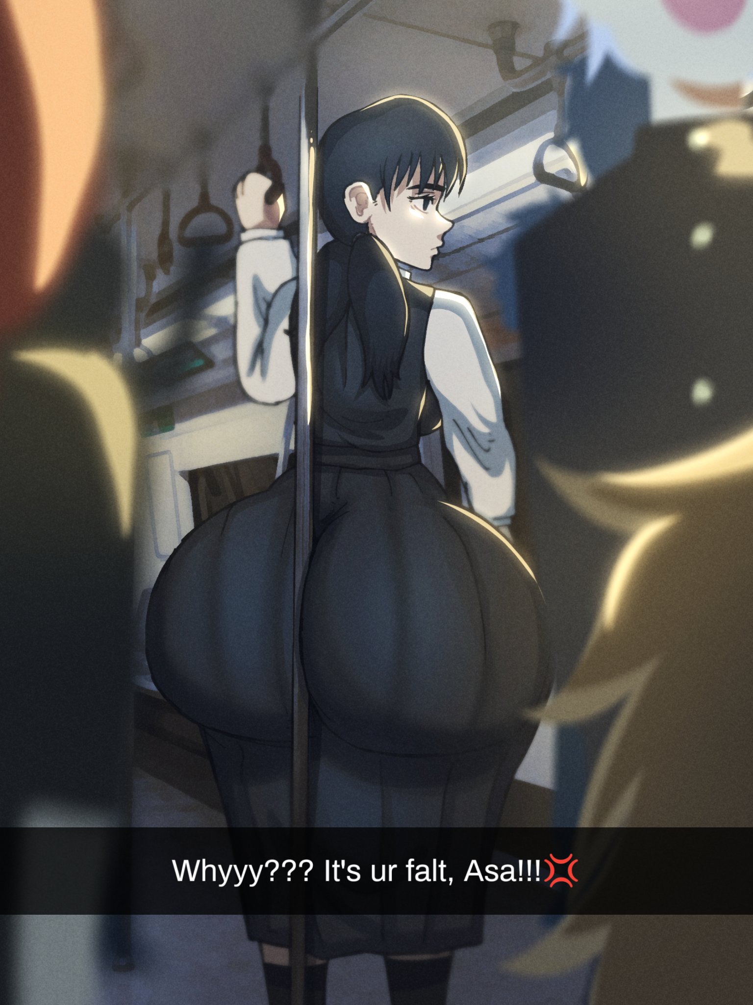ass, ass focus, chainsaw man, fat ass, female, fourth east high school uniform, gigantic ass, heavenly ass, huge ass, massive ass, mitaka asa, pole between ass, pole between buttocks, public, round ass, schoolgirl uniform, snapchat, snapchat story, subway, subway train, text, theodyss, train