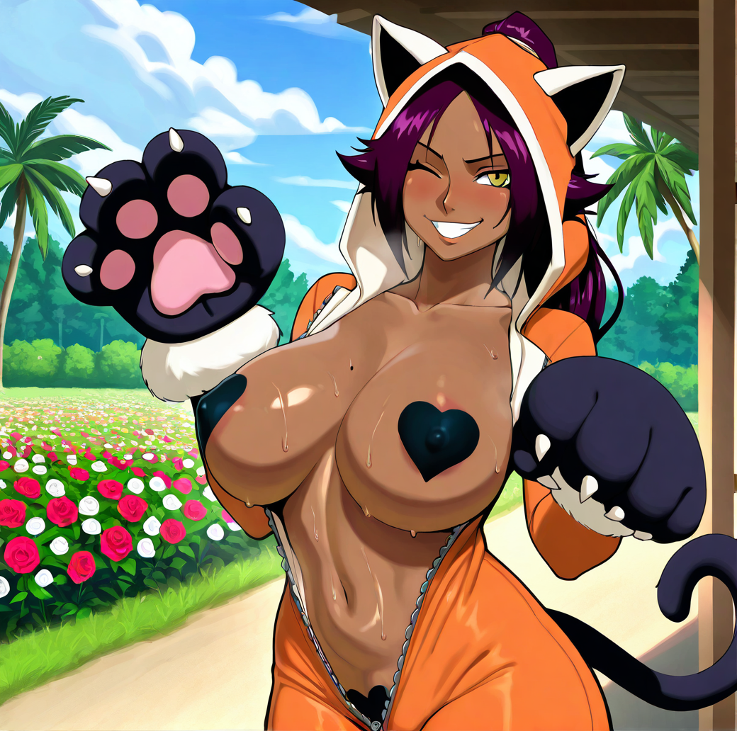1girls ai_generated animal_hood bleach breasts cat_ears cat_paws dark-skinned_female dark_skin fake fake_animal_ears female hoodie large_breasts long_hair looking_at_viewer navel outdoors pasties ponytail purple_hair shihouin_yoruichi solo stable_diffusion sweat winking_at_viewer yellow_eyes