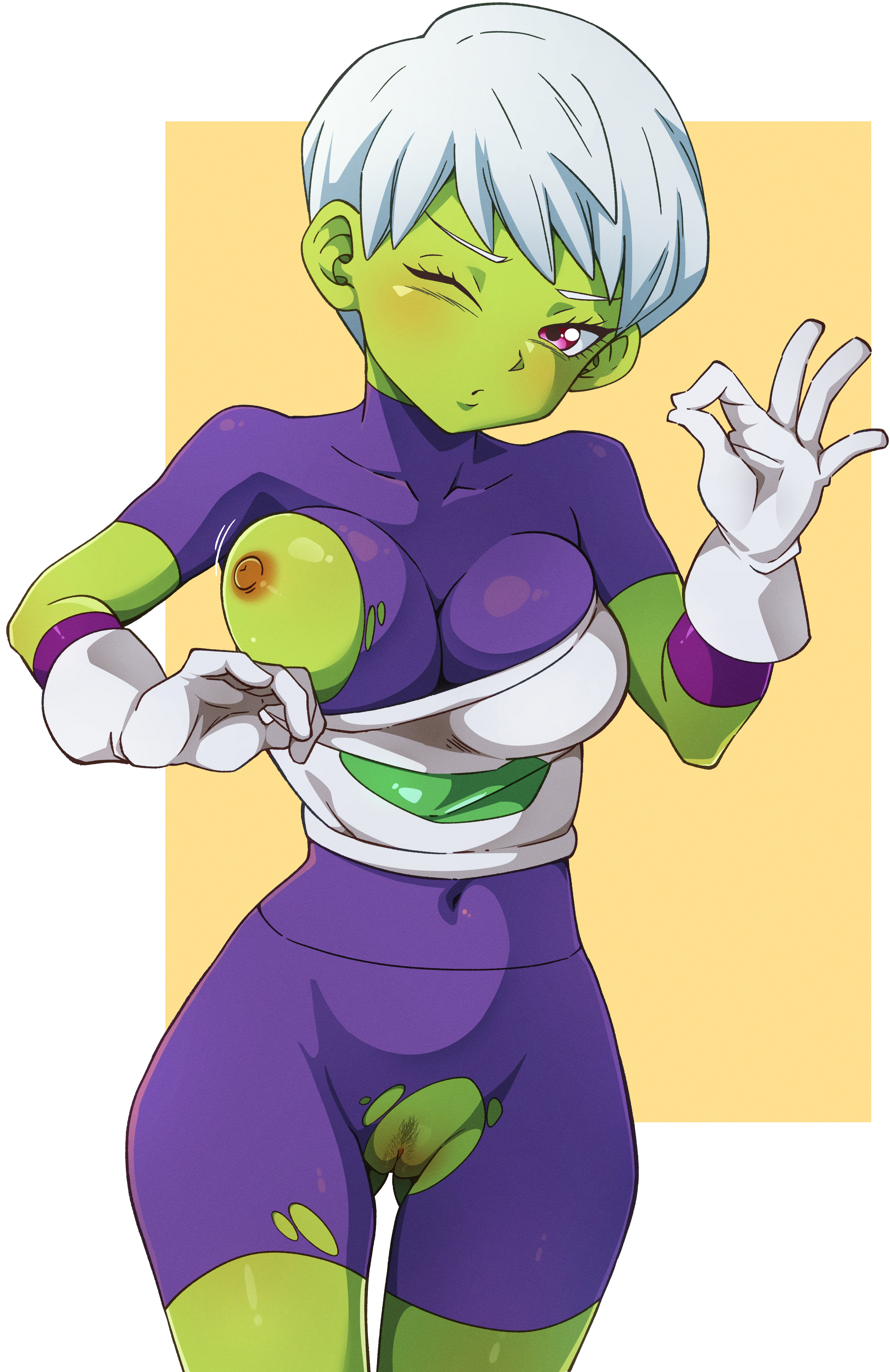 1girls, animanghayodraw, breasts, cheelai, dragon ball, dragon ball super, female, female focus, green skin, nipples, one eye closed, pussy, torn clothes, white hair