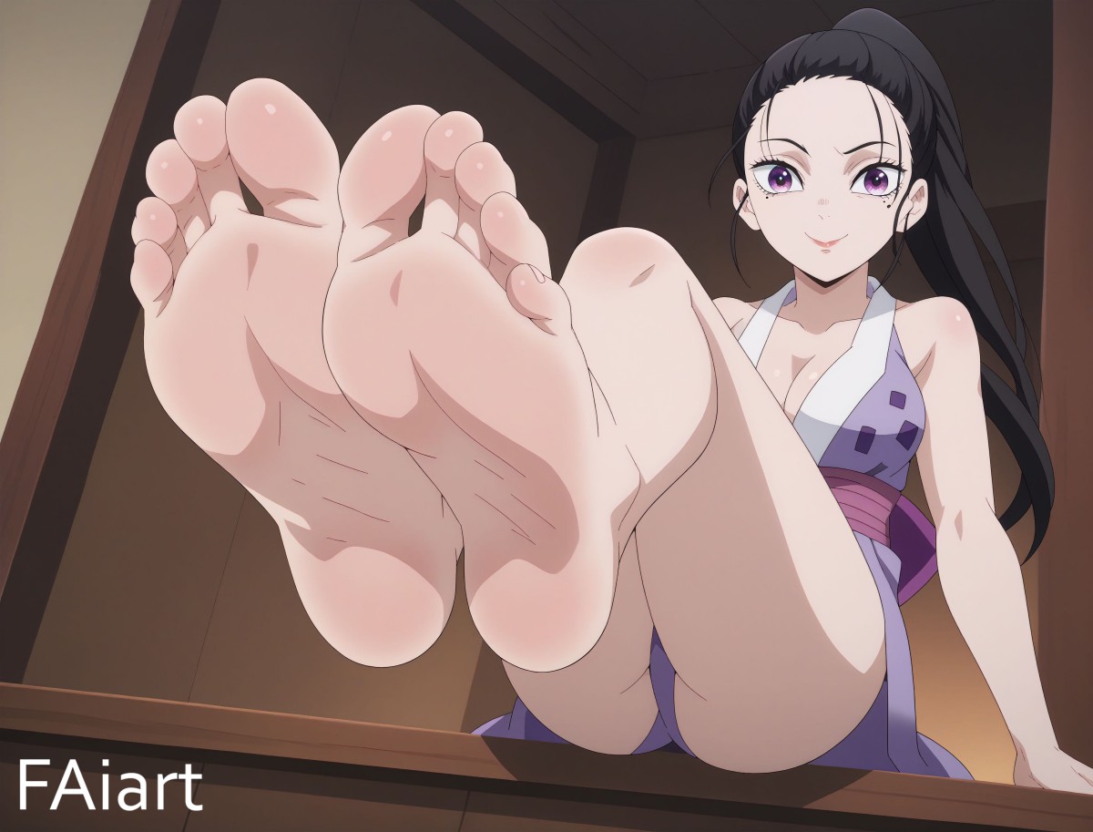 1girls, ai generated, barefoot, demon slayer, faiart, female, female focus, foot fetish, foot focus, hinatsuru (kimetsu no yaiba), japanese clothes, kimetsu no yaiba, long hair, ponytail, short dress, sitting, smile