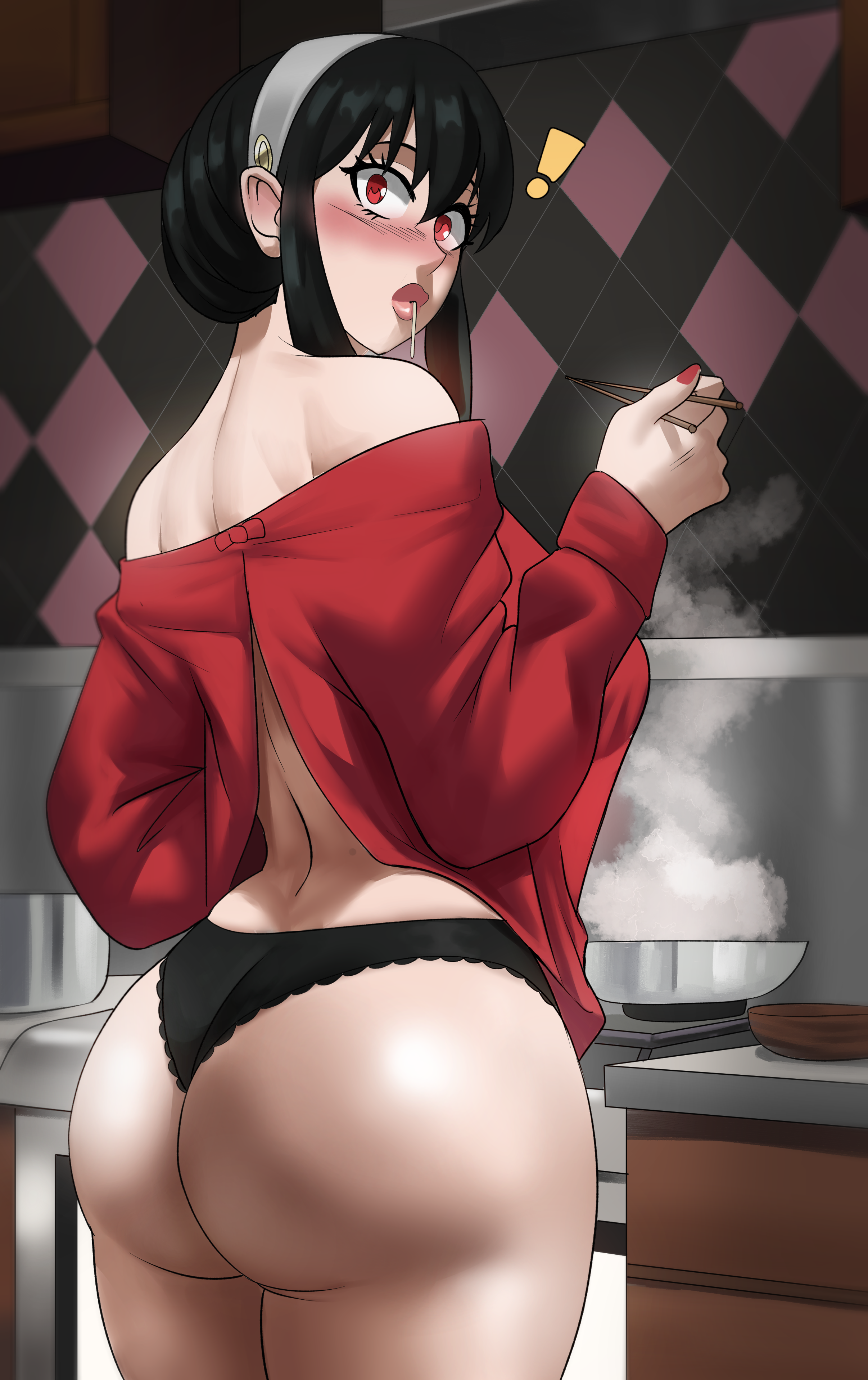 ass, back, big ass, black panties, blush, breasts, bubble butt, chopsticks, echosaber, female, kitchen, large breasts, looking at viewer, looking back, panties, red eyes, spy x family, surprised expression, tagme, thick thighs, yor briar