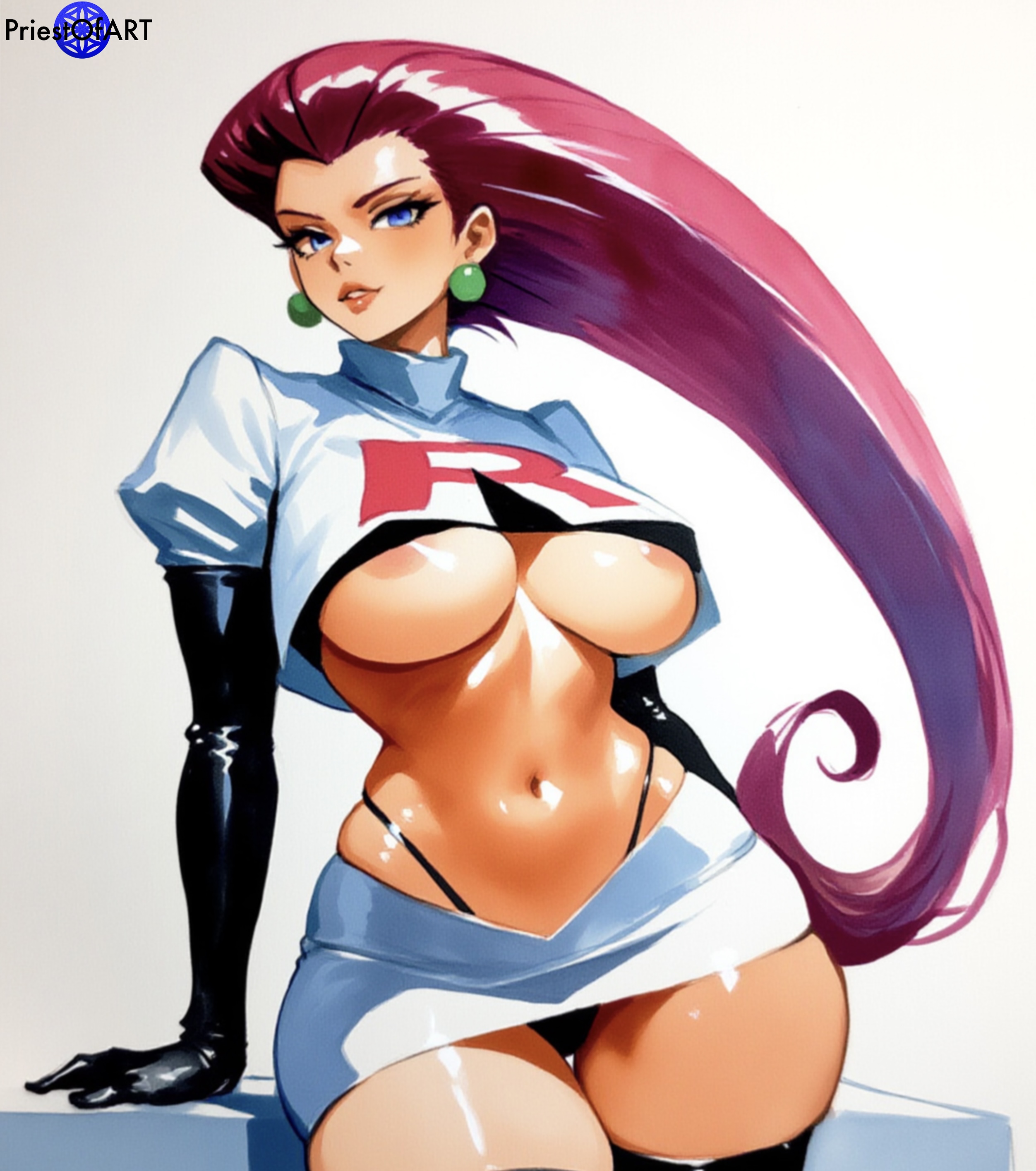 1girls, ai generated, areola slip, belly, crop top, curvy, earrings, elbow gloves, female, female only, gloves, jessie (pokemon), lipstick, long hair, narrow waist, nintendo, pink hair, pokemon, pokemon trainer, priestofart, purple eyes, simple background, skirt, solo, solo female, tagme, tagme (artist), tagme (character), team rocket, thick thighs, watermark, white background, wide hips